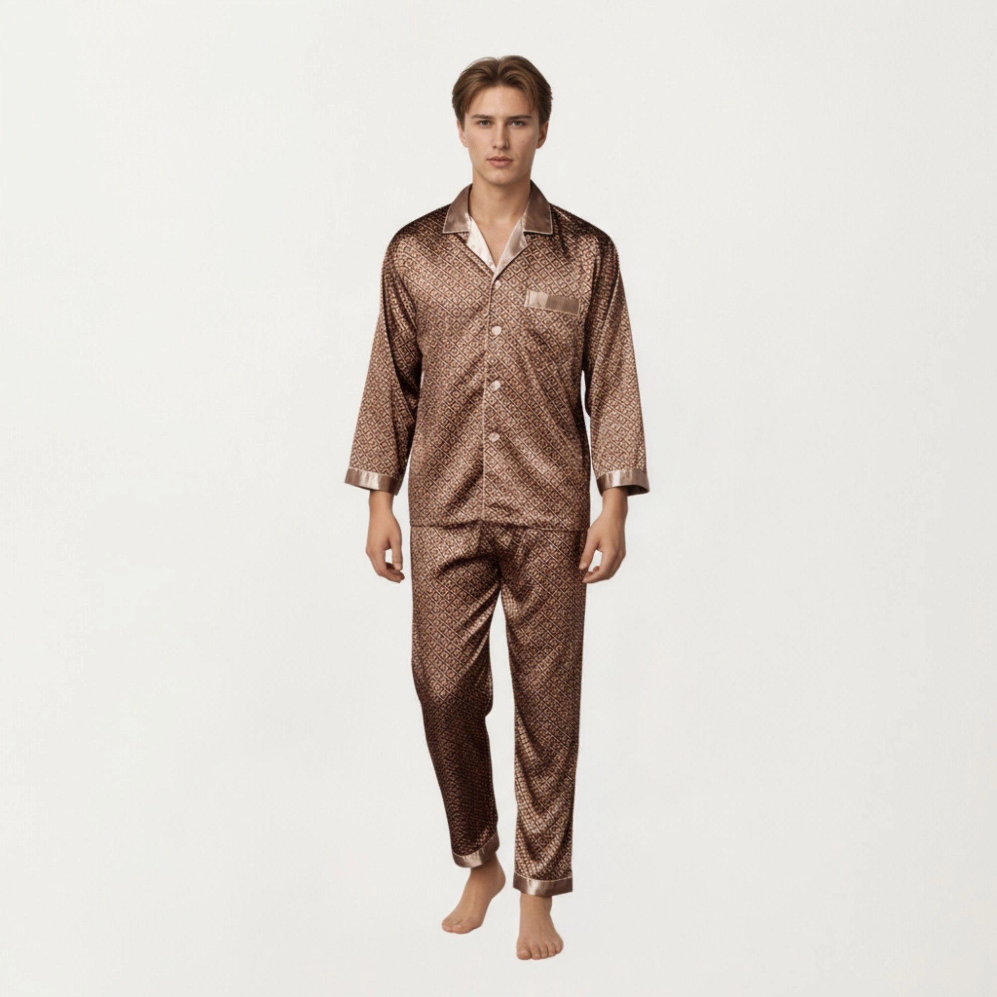 Anna-Kaci Men's 2-Piece Satin Pajamas with Geometric Print Button Up Top and Matching Pants