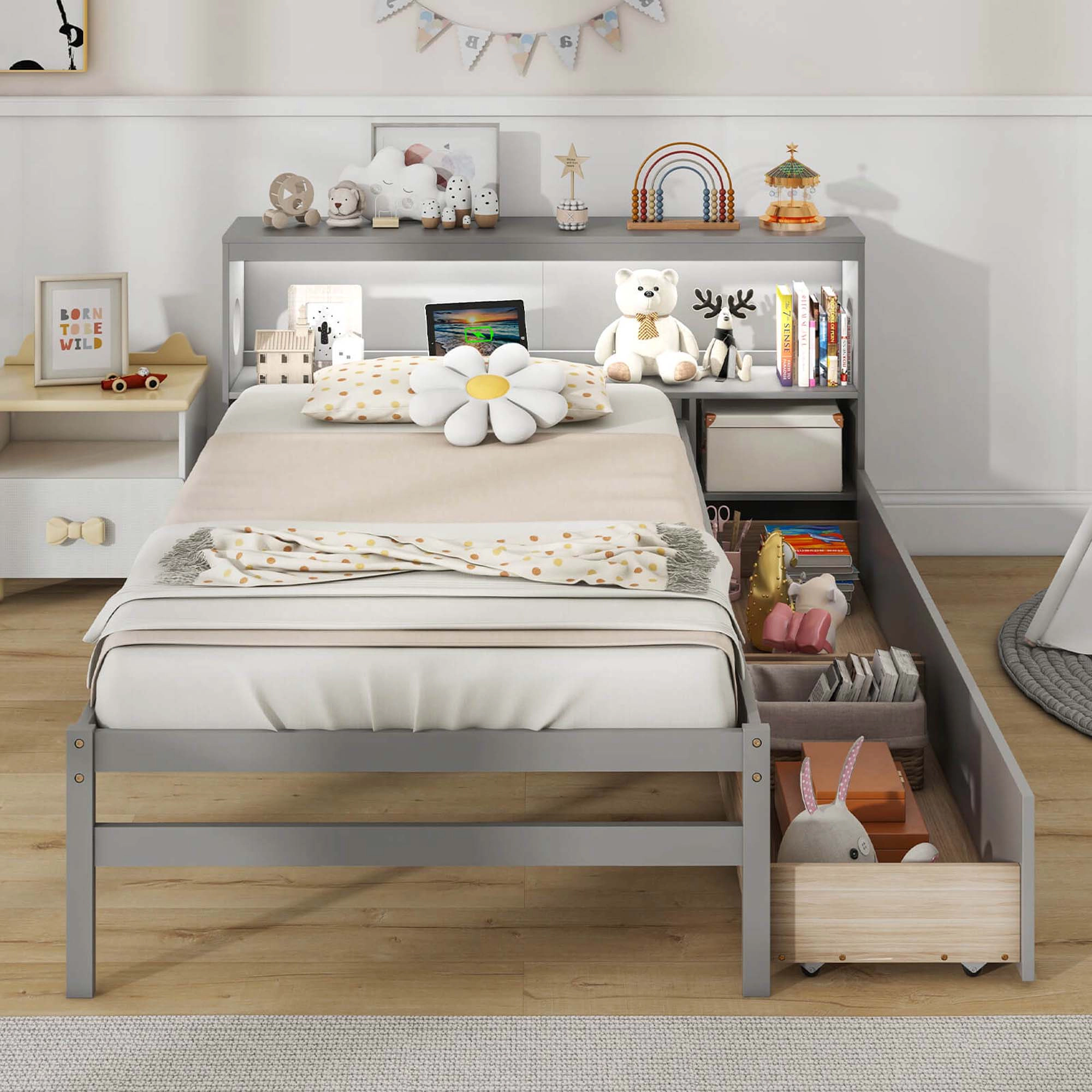 Costway Twin Size Bed Frame with LED Light & Power Outlet Bookcase Headboard Drawers Gray