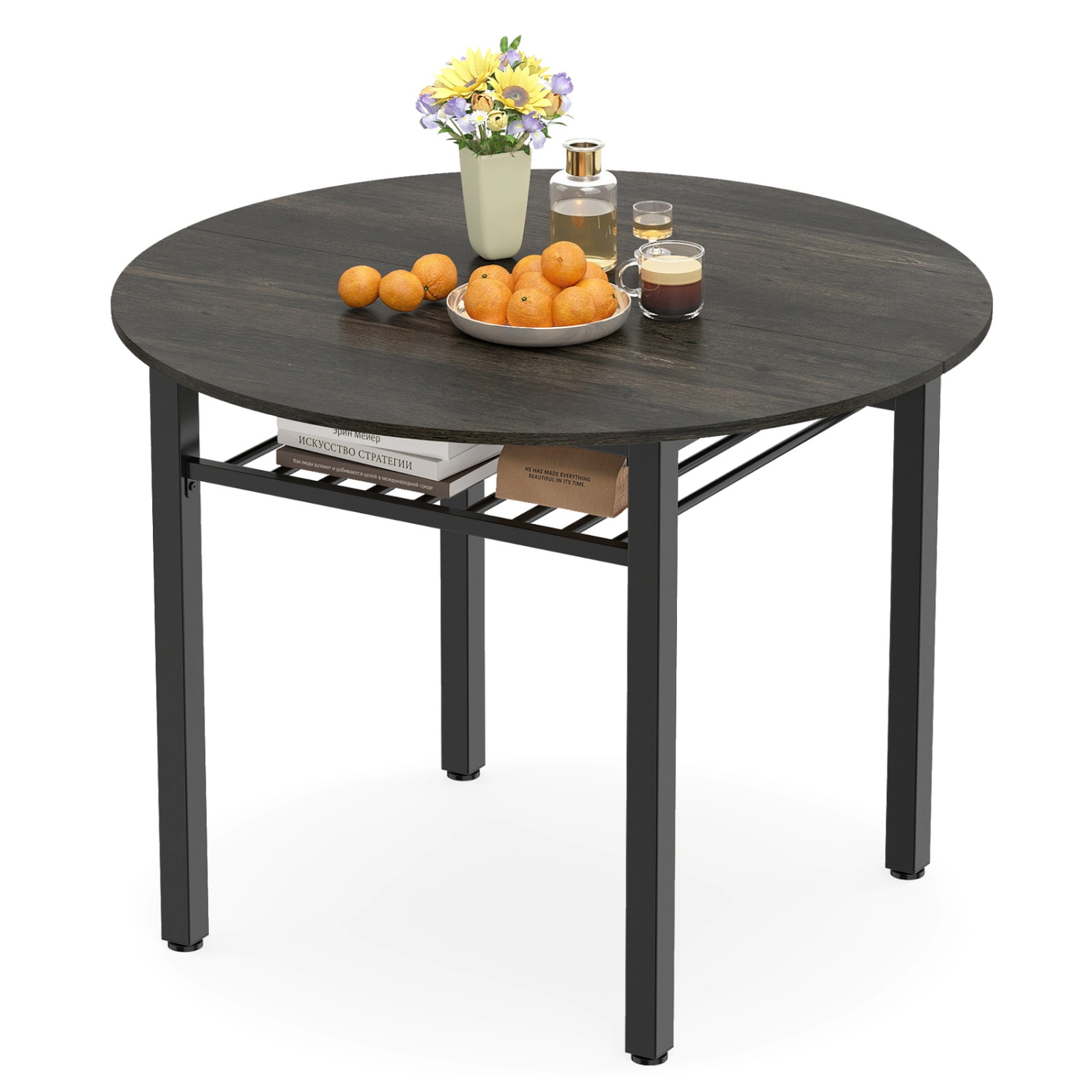 SUGIFT 40-Inch Gray Round Dining Table for 4 with Storage Shelf
