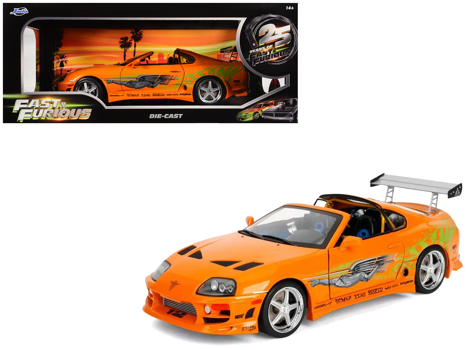 Jada 1993 Toyota Supra Orange with Graphics "The Fast and the Furious" (2001) Movie "25 Years of Fast &