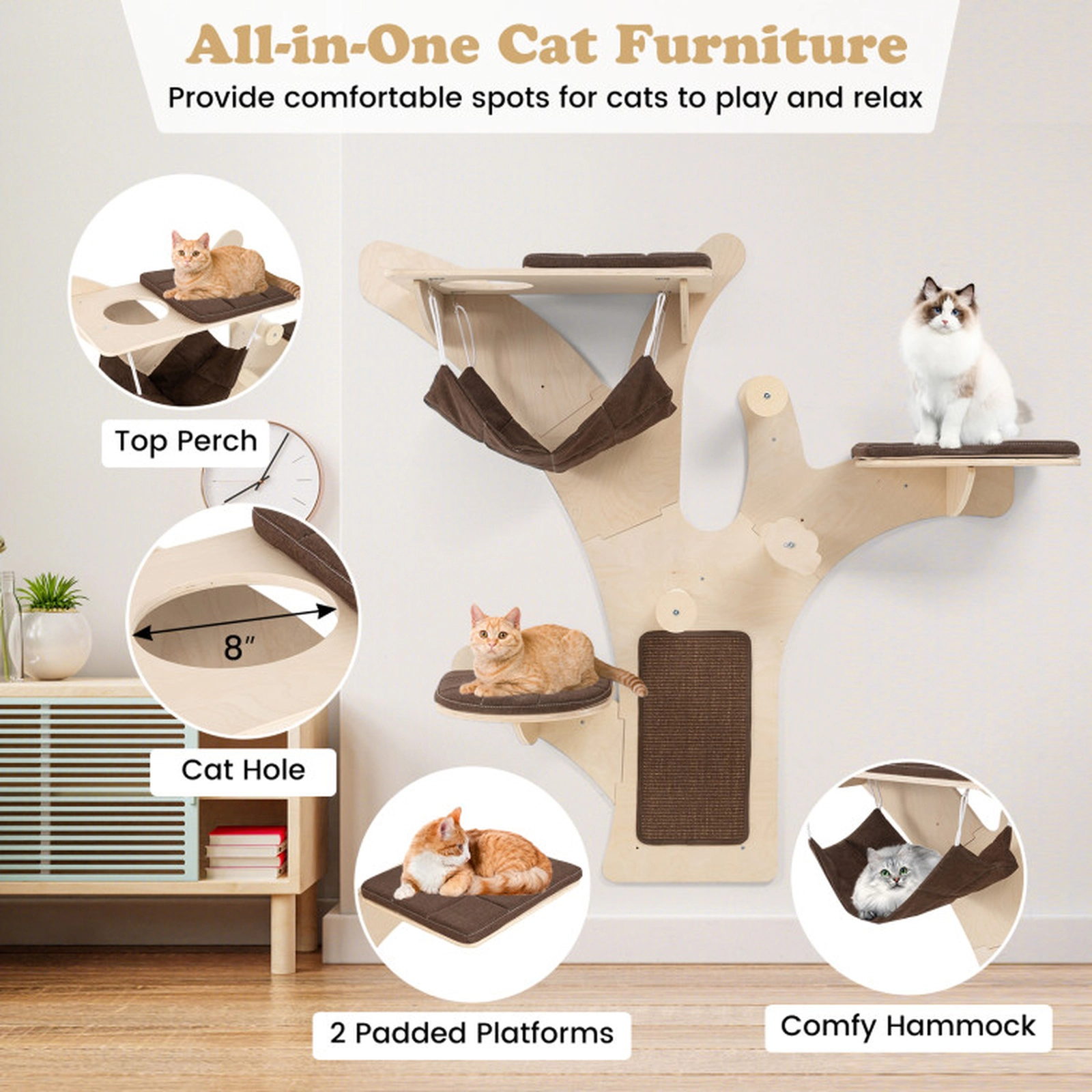 SUGIFT Wall-Mounted Plywood Cat Tower with Hammock, Perches and Scratching Mat 33-lb Capacity Natural+Brown