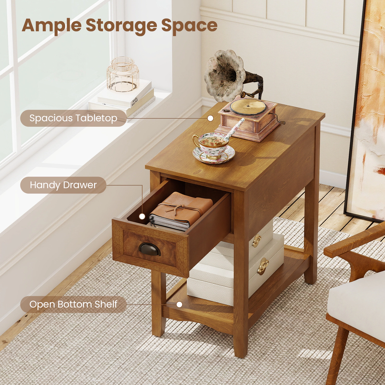 SUGIFT Compact Chairside End Table with Drawer and Shelf 50-lb Capacity 23-in Tall Accent Nightstand Yellow