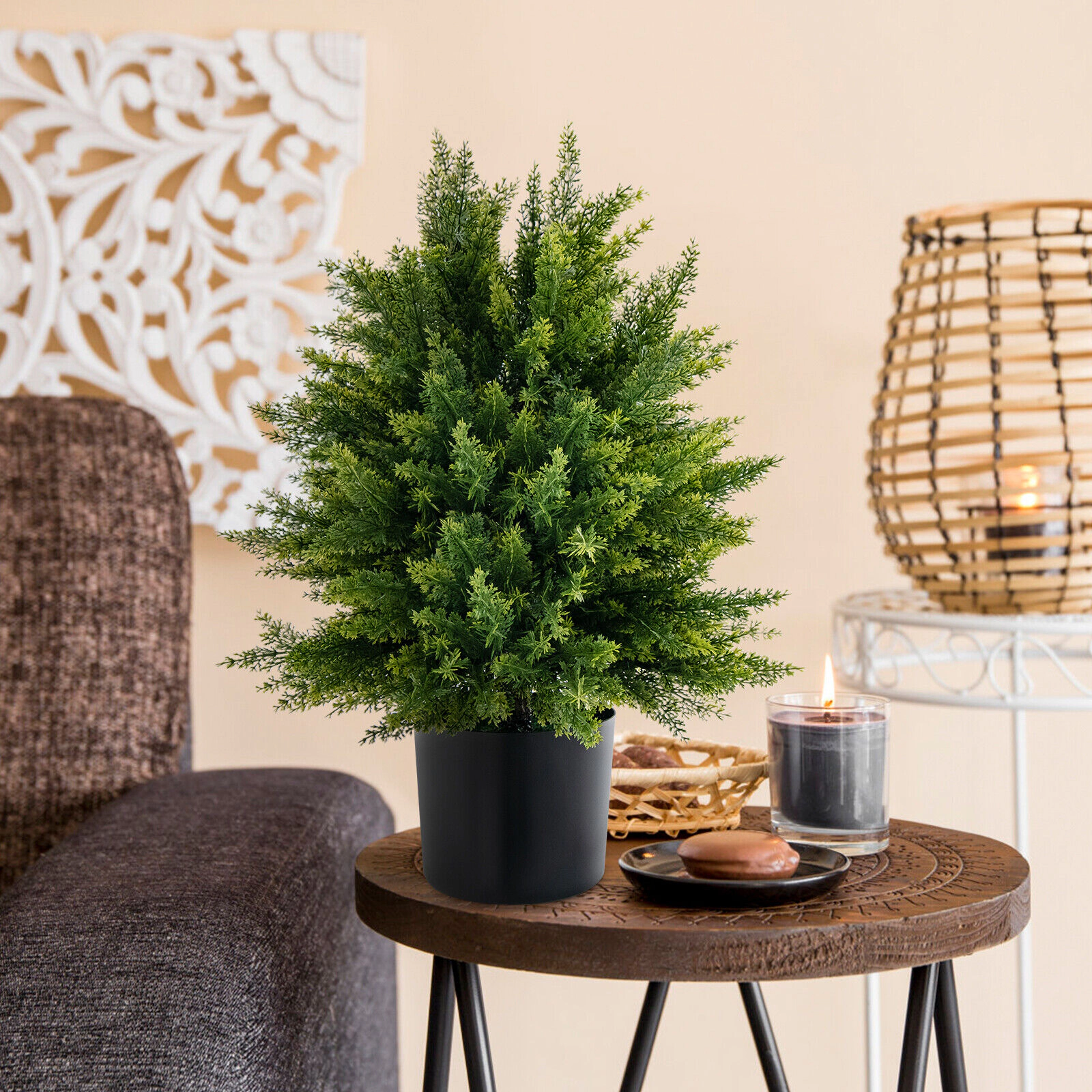 Slickblue 22 in Faux Cedar Topiary Trees Set of 2 for Porch Entryway Decor
