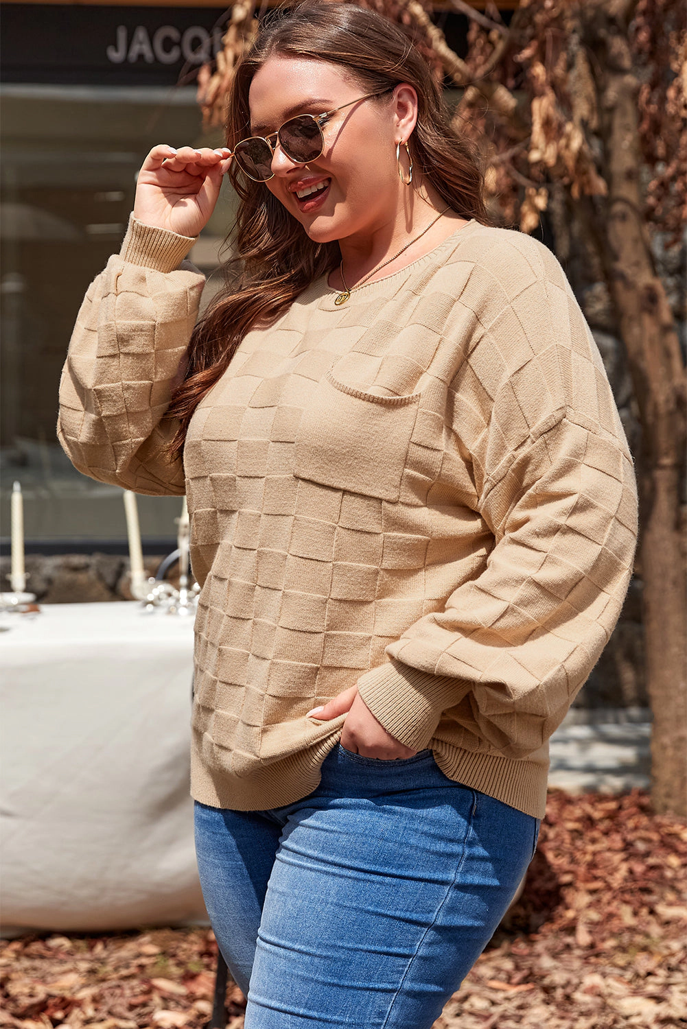 Sol Living Womens Solid Checkered Textured Knit Plus Sweater