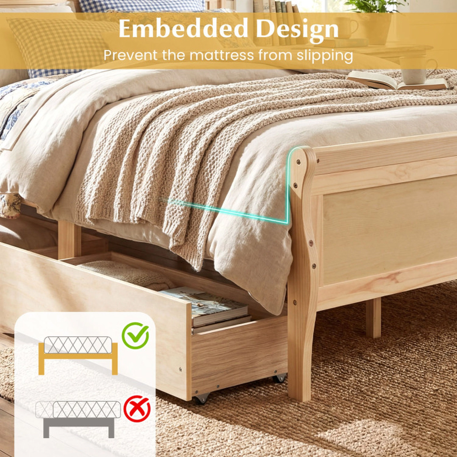 SUGIFT Natural 2 Storage Drawers and Curved Footboard Queen Size Wooden Bed Frame