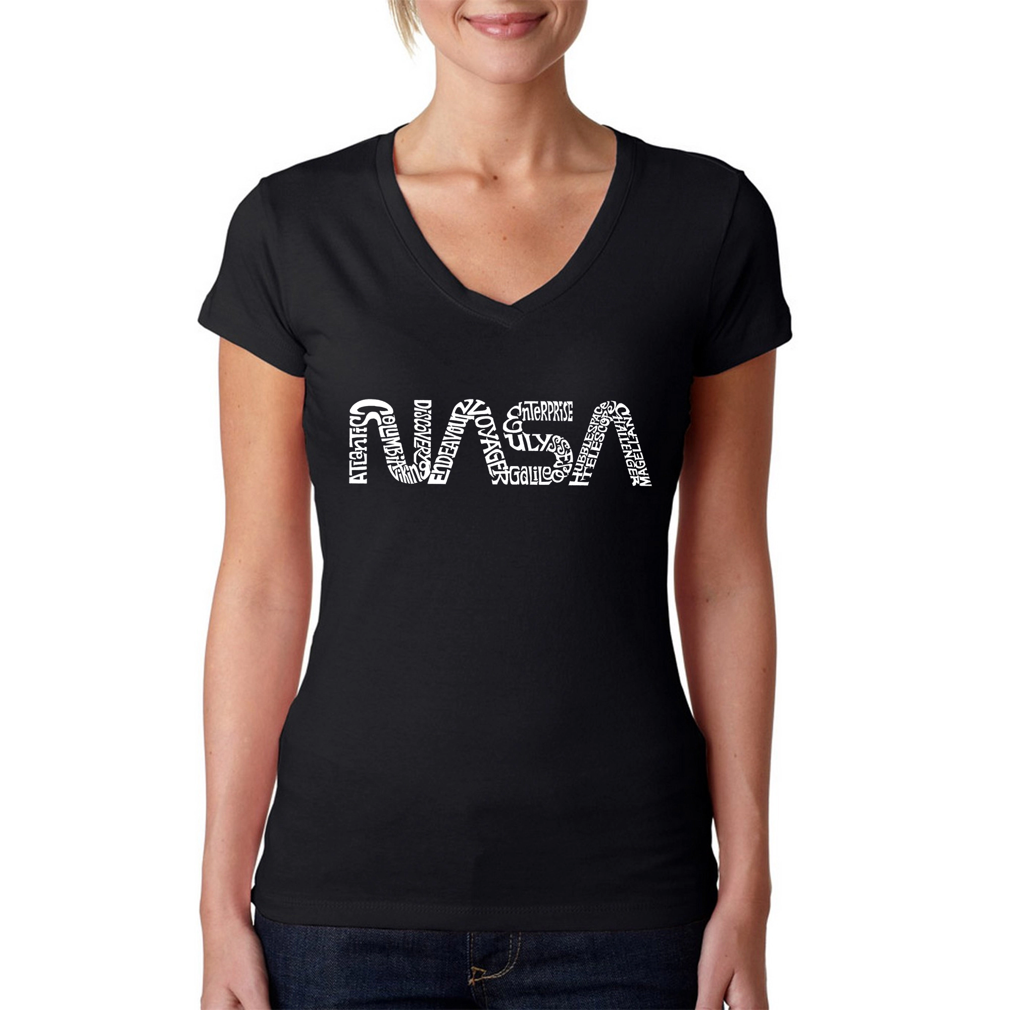 LA Pop Art Womens Word V-Neck T-Shirt - Worm Nasa