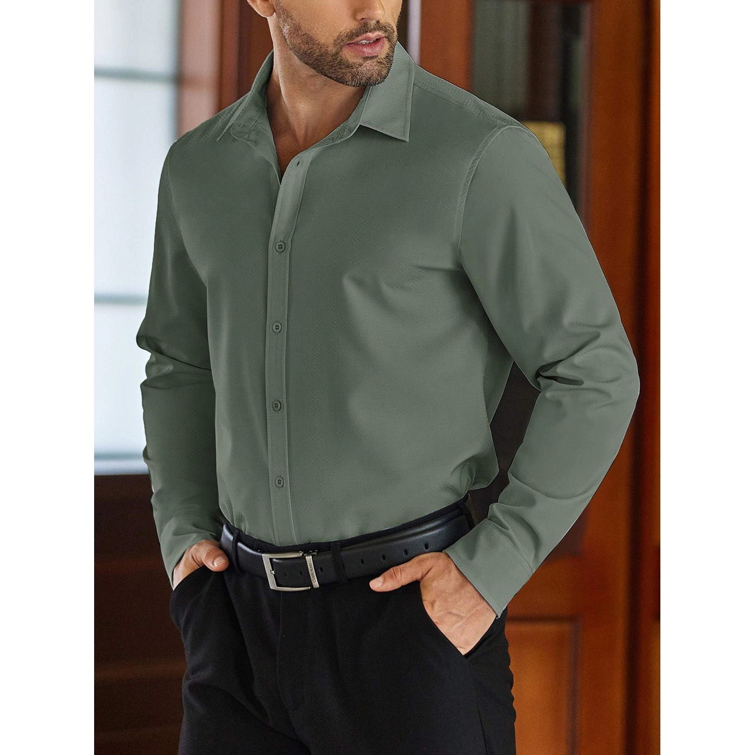 COOFANDY Mens Dressy Long Sleeve Shirt Solid Spread Collar Button Down Casual Top