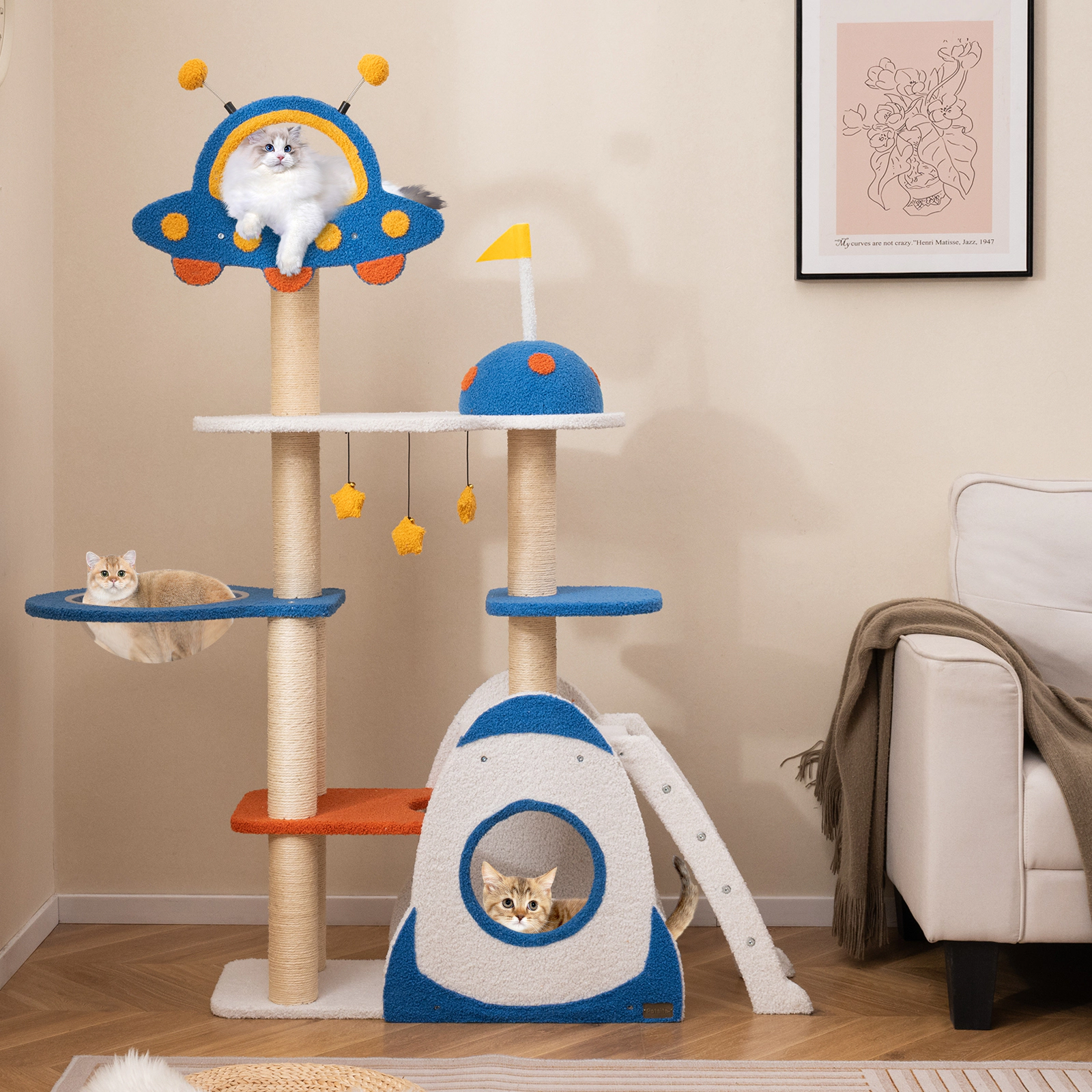 SUGIFT Space Theme Multi-Level Cat Tree Tower with Sisal Scratching Posts and Cloud Platform 64.5-in Tall Multicolor