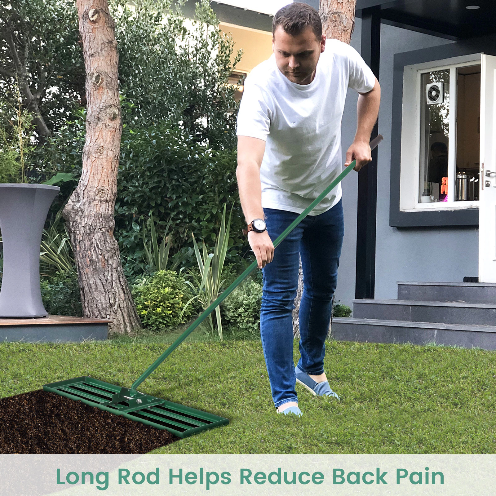 SUGIFT Green 42-in x 10-in Lawn Leveling Rake with 69-in Ergonomic Handle and 180-Degree Rotating Head