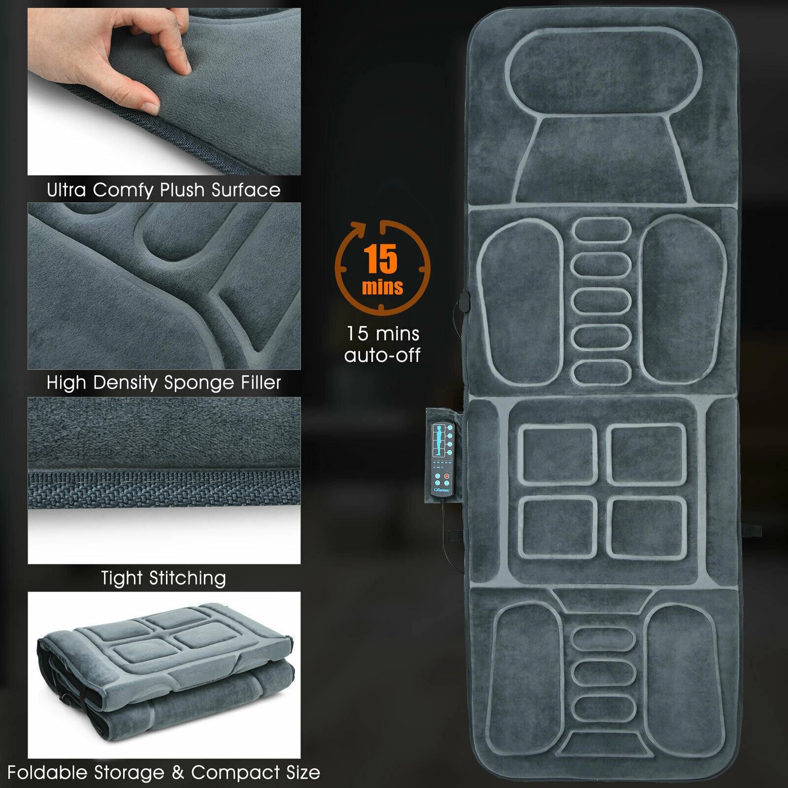 SUGIFT Gray Foldable Full Body Massage Mat with Heat and 10 Vibrating Motors 65-in W 25.5-in D 5 Intensity Modes