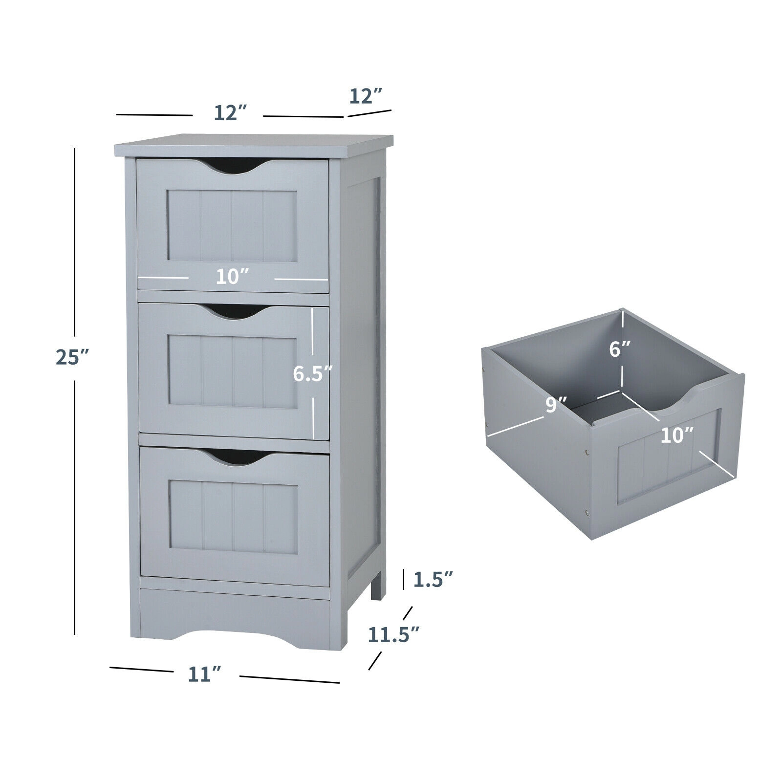 SUGIFT Gray 3-Drawer 12-in Wide Slim Freestanding Bathroom Floor Storage Cabinet with Cut-Out Handles