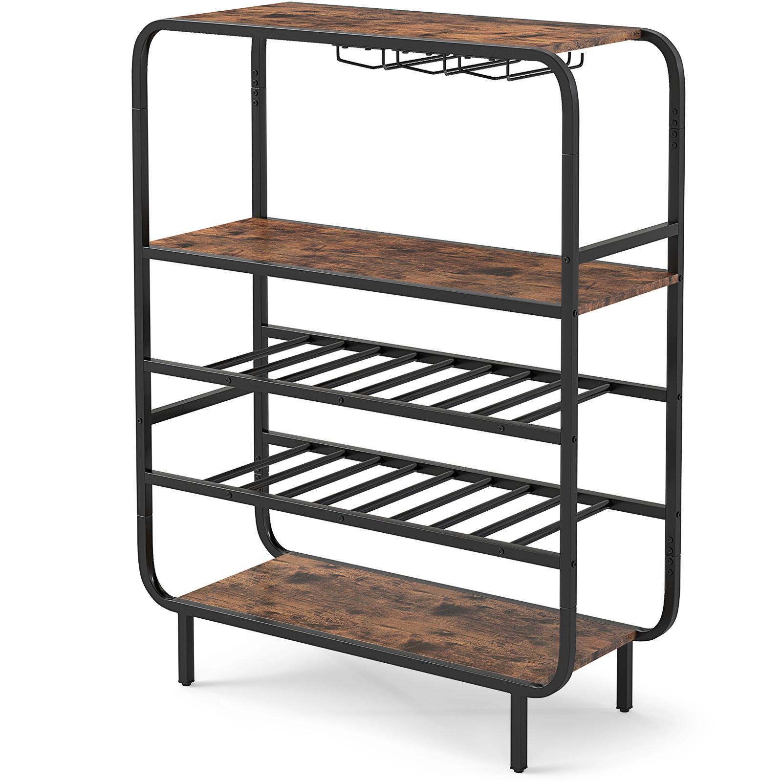 SUGIFT 5-Tier Wine Rack with Glass Holders 44-lb Tier Capacity Black and Rustic Brown