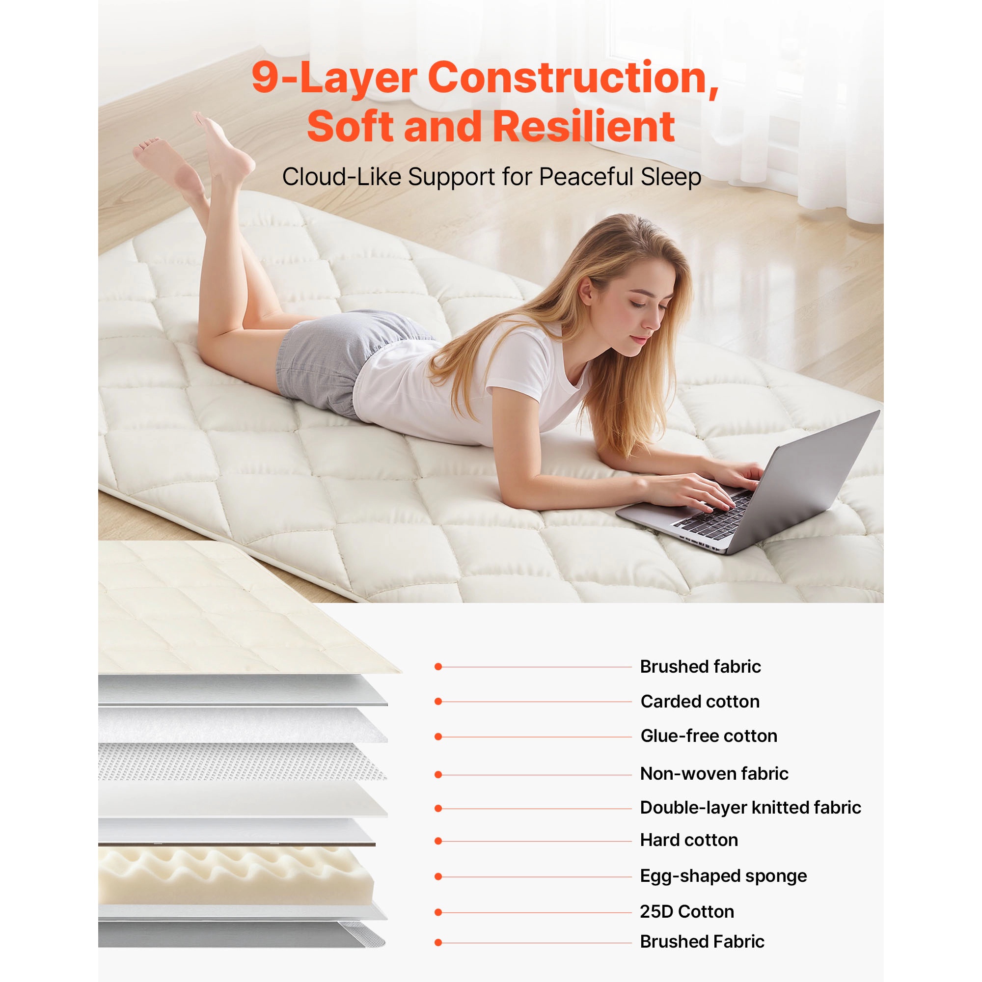 HONGGE Japanese Tatami Mat Foldable Japanese Tatami Mattress Futon Mattress with Storage Bag & Fastener 9-Layer Floor