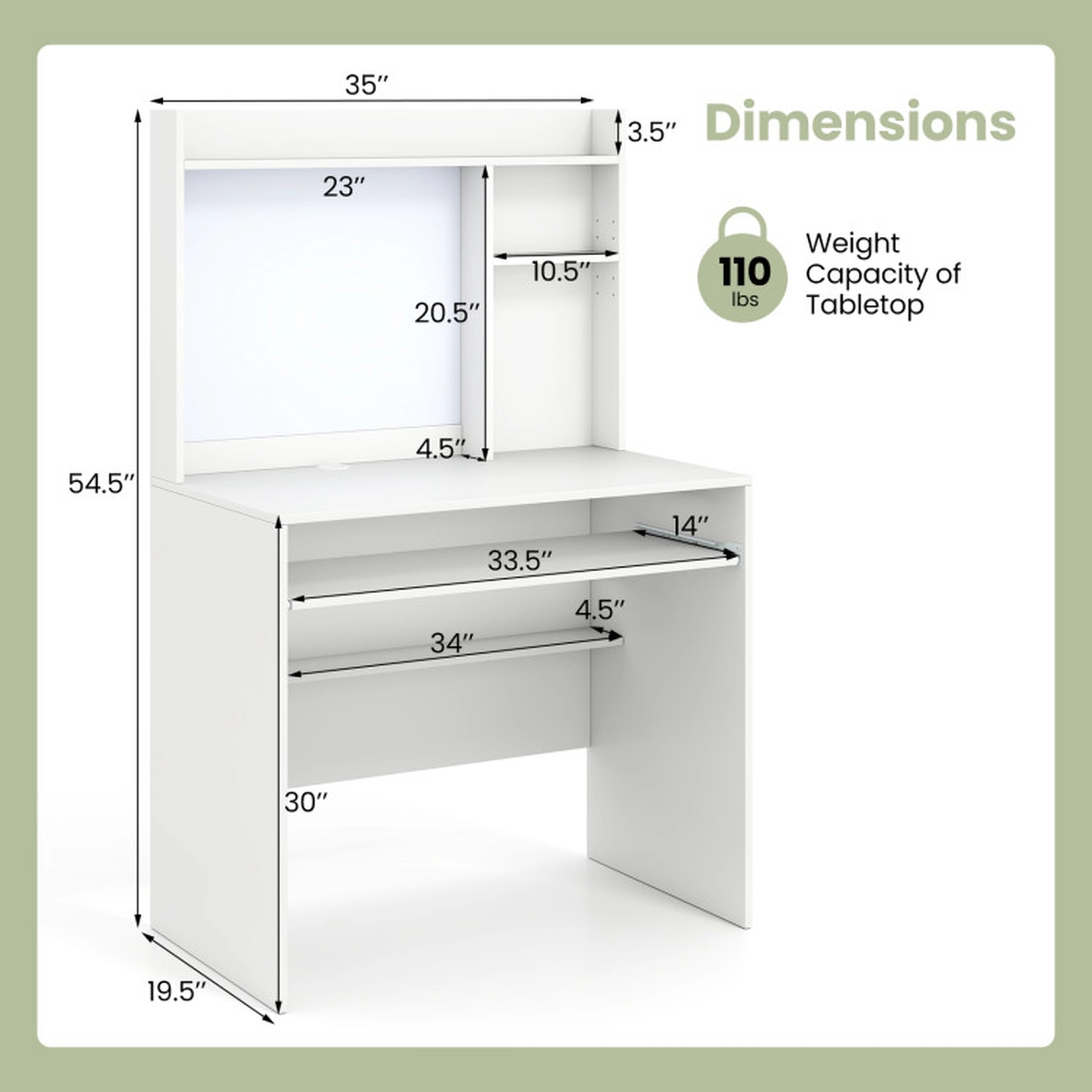 SUGIFT Compact Office Computer Desk Hutch Magnetic Whiteboard & Keyboard Tray 110-lb Tabletop Capacity 35-in Wide White