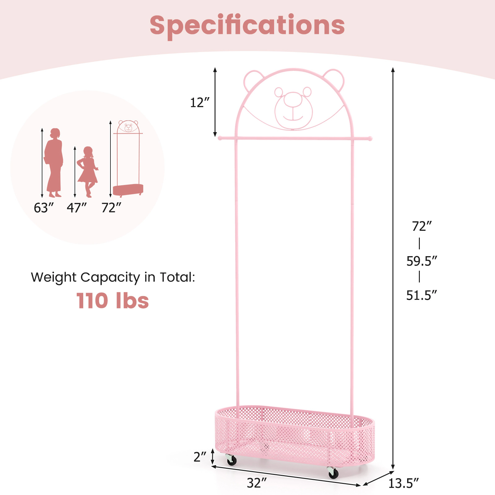 Hivvago Kid Clothes Rack with 3 Adjustable Heights and Wheels
