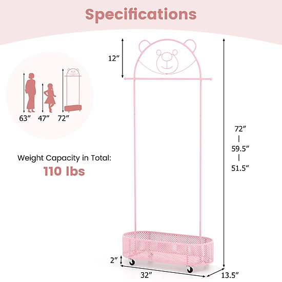 Hivvago Rolling Clothing Rack for Kids with Adjustable Height