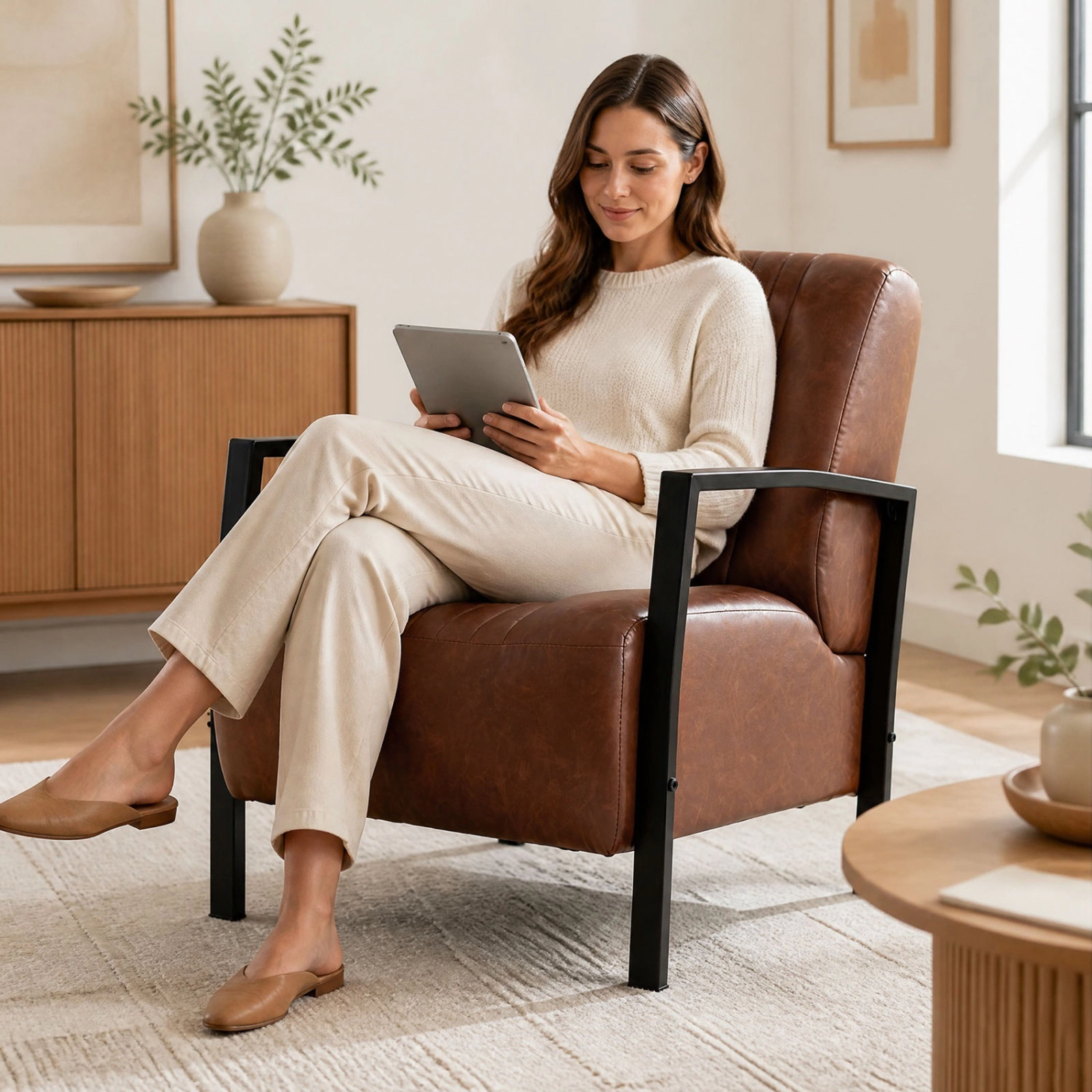 SUGIFT Brown PU Leather Accent Lounge Chair with S-Spring Seat and Metal Legs