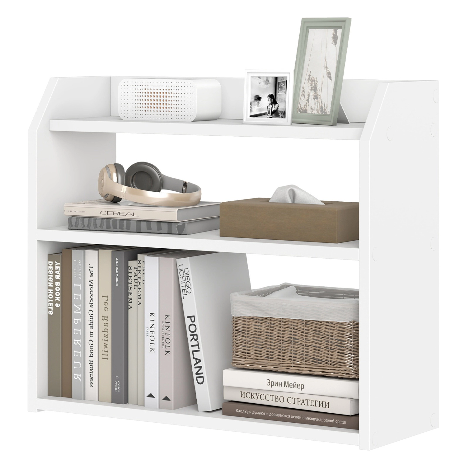 SUGIFT White 3-Tier Desktop Bookshelf Countertop Bookcase with Raised Guardrails