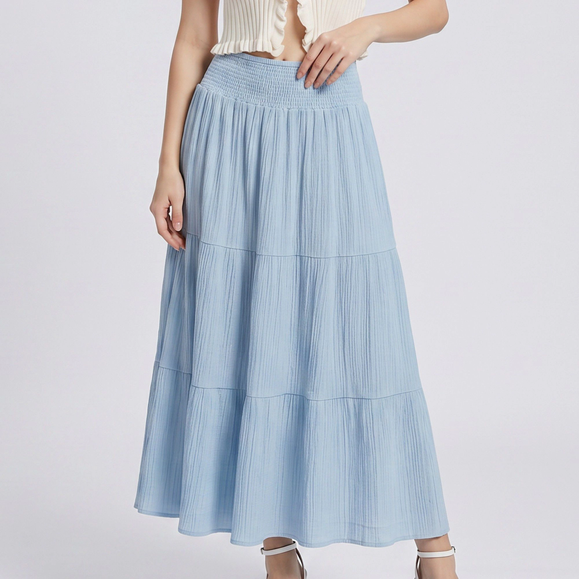 Anna-Kaci Women's High Waist Smocked Tiered Boho Textured Maxi Skirt