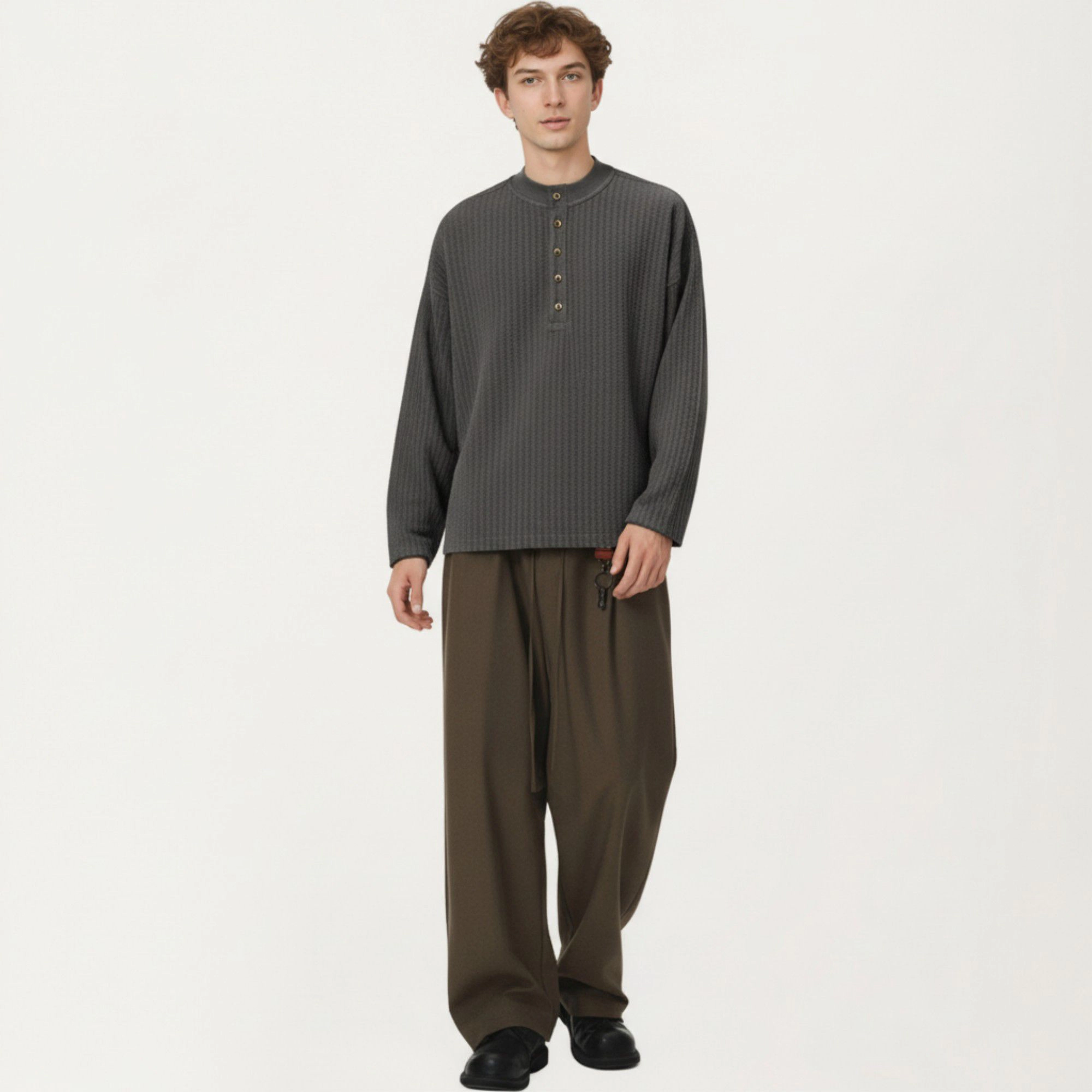 Anna-Kaci Men's Long Sleeve Ribbed Knit Henley Pullover with Button Placket and Relaxed Fit
