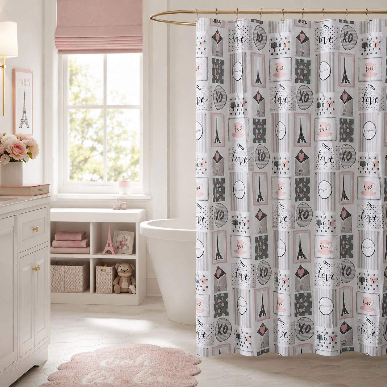 Kate Aurora Chic Bonjour XOXO Parisian Eiffel Tower Mold & Mildew Resistant Fabric Shower Curtain