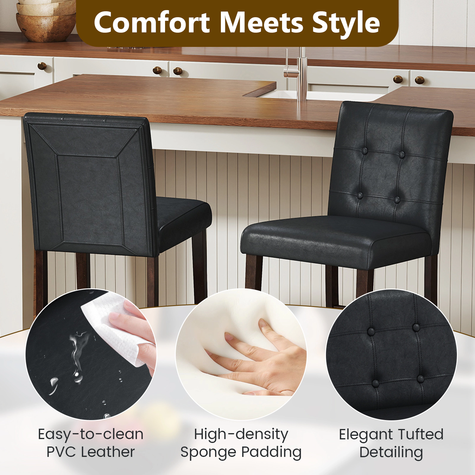 SUGIFT Set of 2 PVC Leather Bar Stools with Solid Wood Legs 243-lb Capacity Black