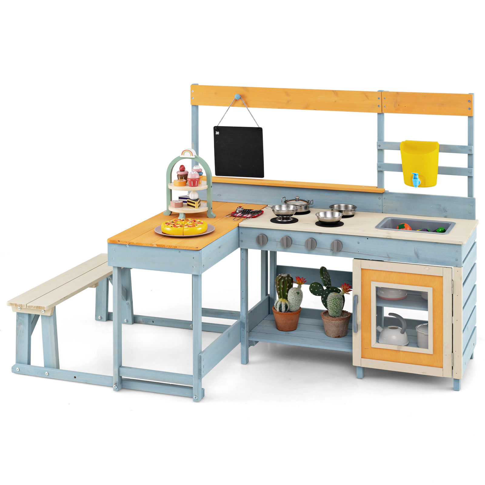 LJG Fir Wood Play Kitchen with Kids Picnic Table and Built-in Bench