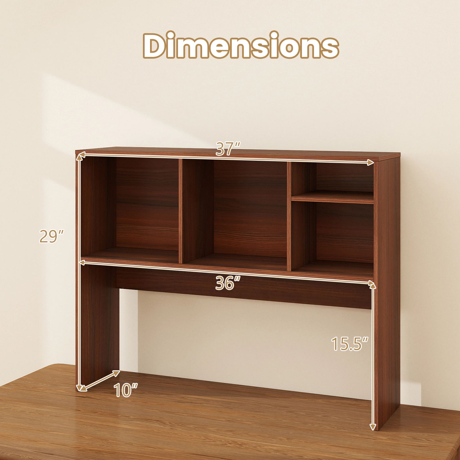SUGIFT 145-lb Capacity Walnut 37-in Desktop Bookshelf Desk Hutch with 4 Cubbies Open Back Monitor Bay