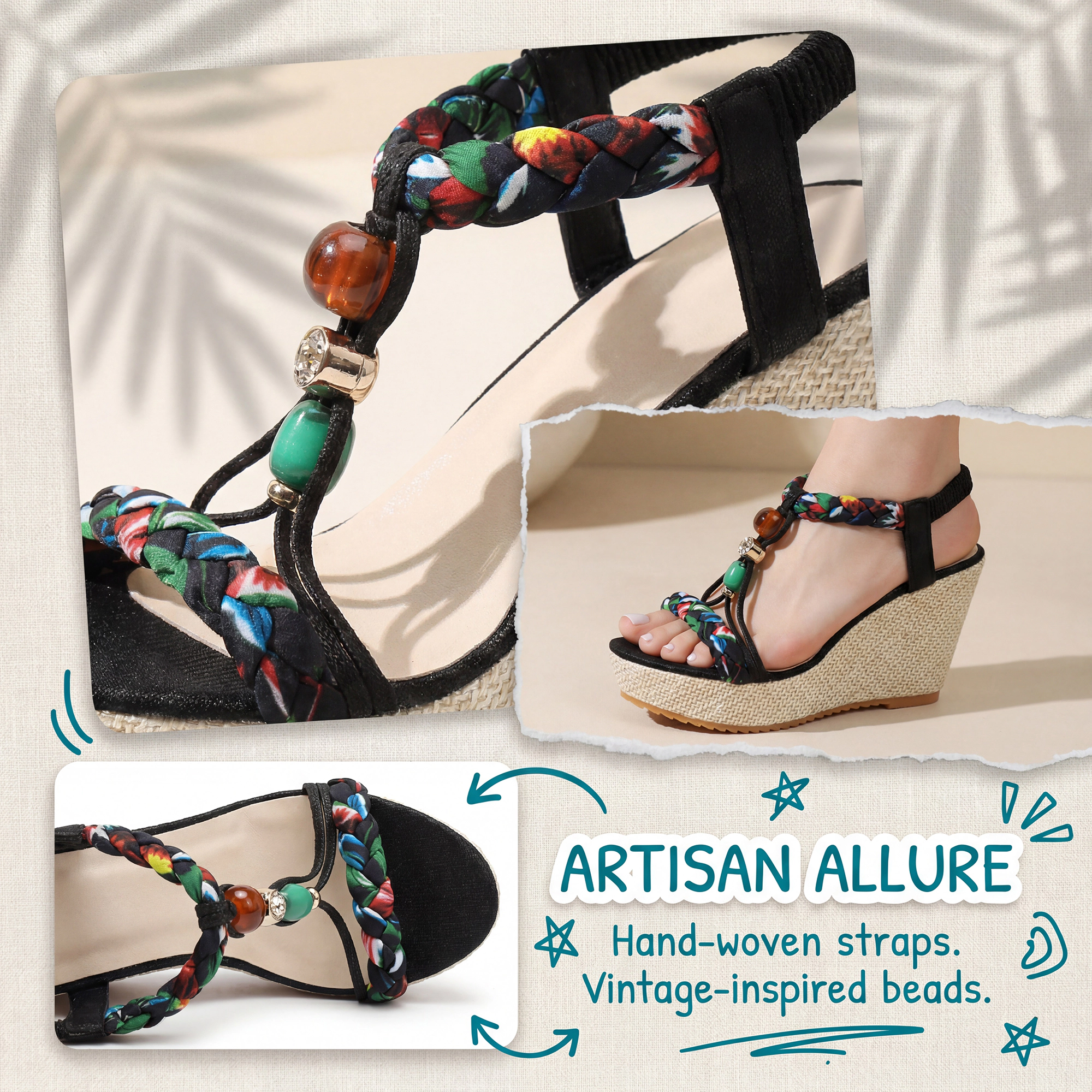 BLISSFUL STEP Women's Beaded Elastic T-Strap Platform Peep-Toe Sandals