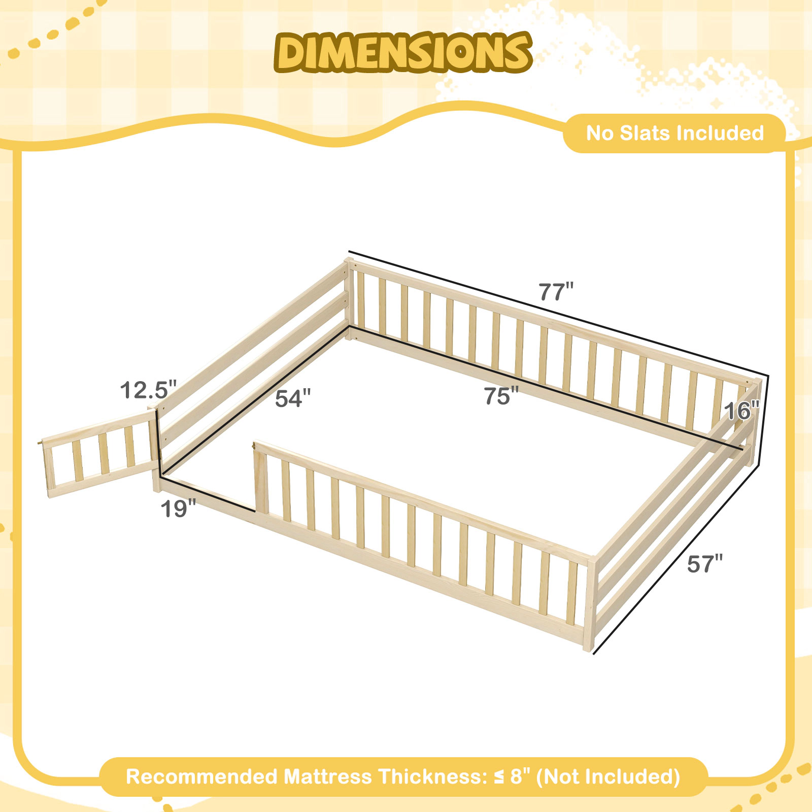 SUGIFT Full Size Floor Montessori Toddler Bed with Full Length Safety Guardrails and Lockable Door 77-in Frame Natural