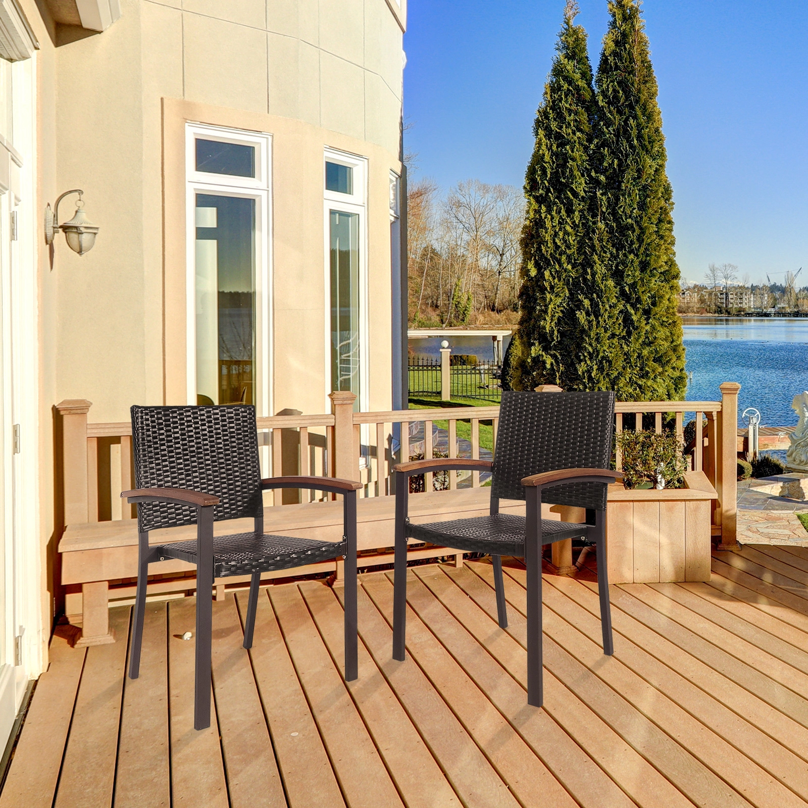 SUGIFT Outdoor Patio Dining Armchairs Set of 2, Stackable PE Rattan Wicker, Acacia Wood Arms