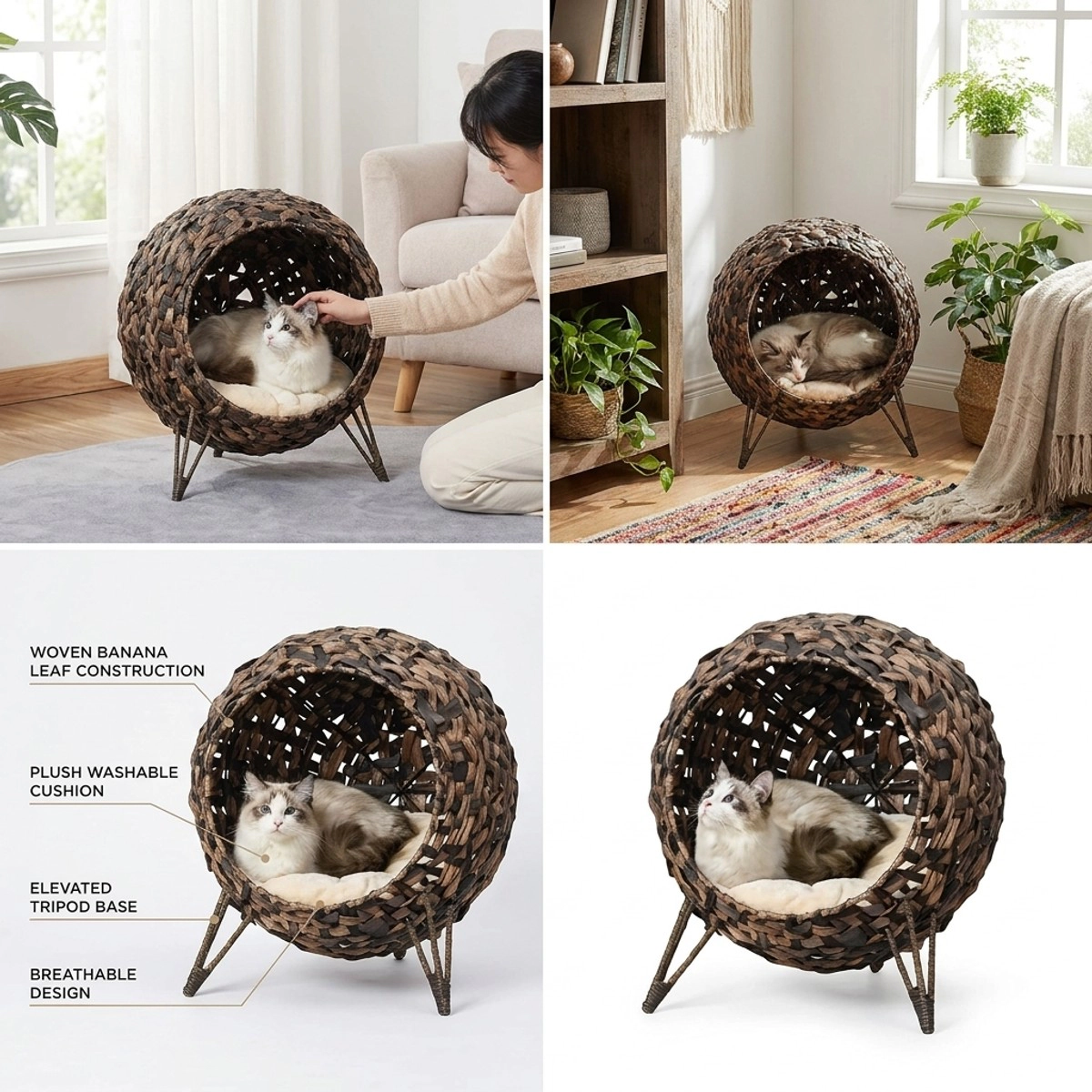 212 Main PawHut Weaved Cat Bed & Elevated Hand-Woven Braided Banana Leaf Kitten House Condo with Cushion