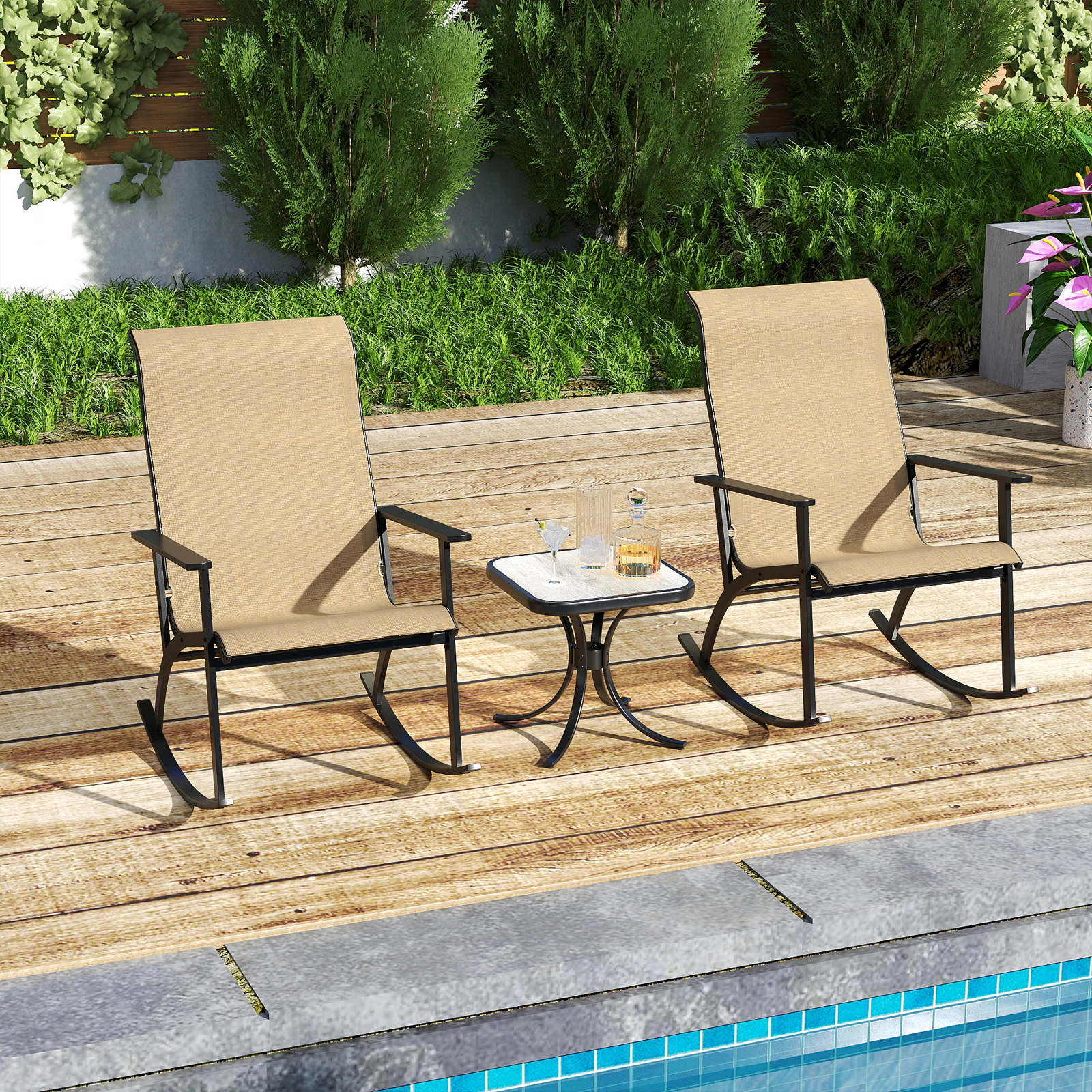 SUGIFT 3-Piece High-Back Outdoor Rocking Chair Set with Composite Side Table