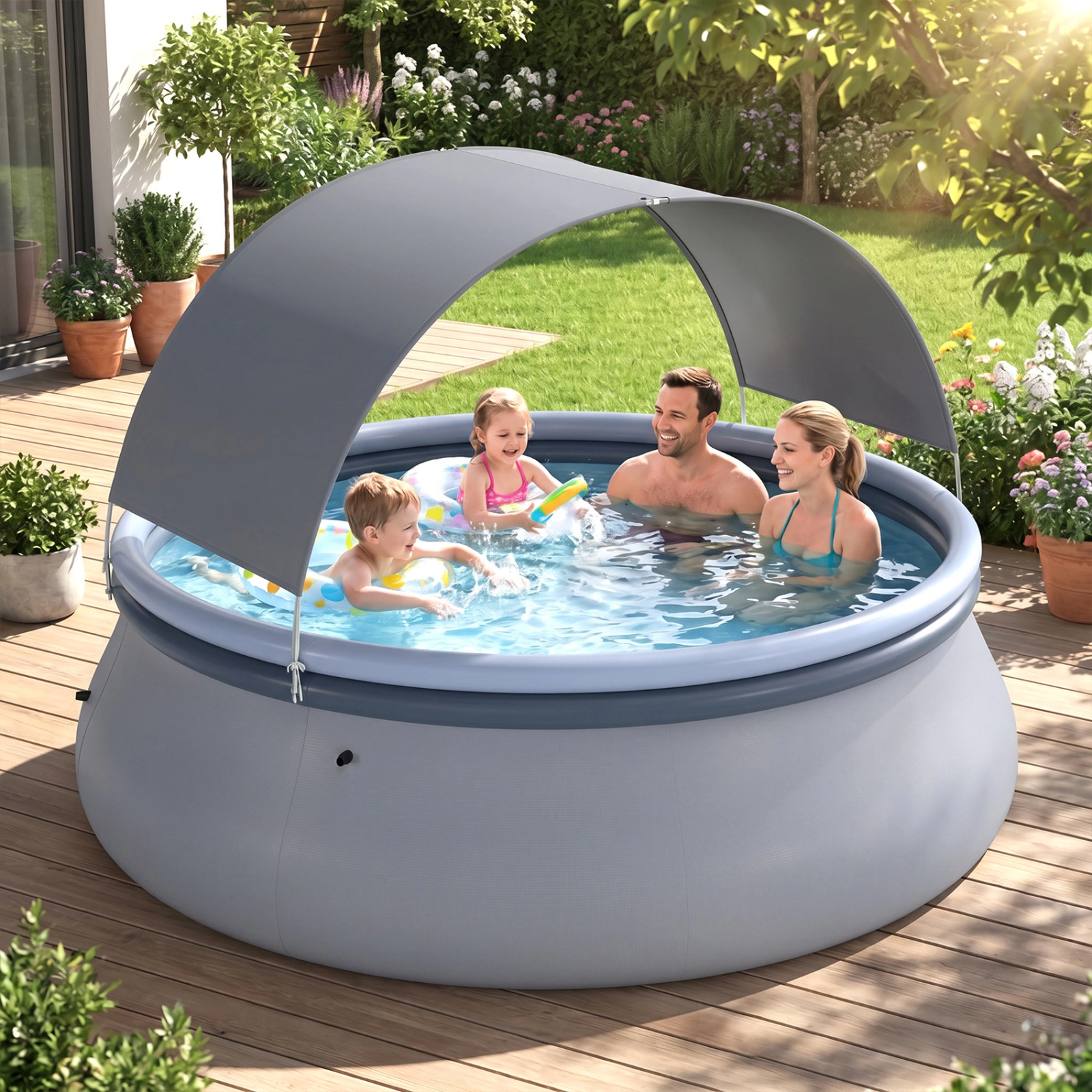 SUGIFT Outdoor Inflatable Pool with Sunshade Canopy M Size 118-in Wide 992-lb Capacity 6-Person Blue + Gray