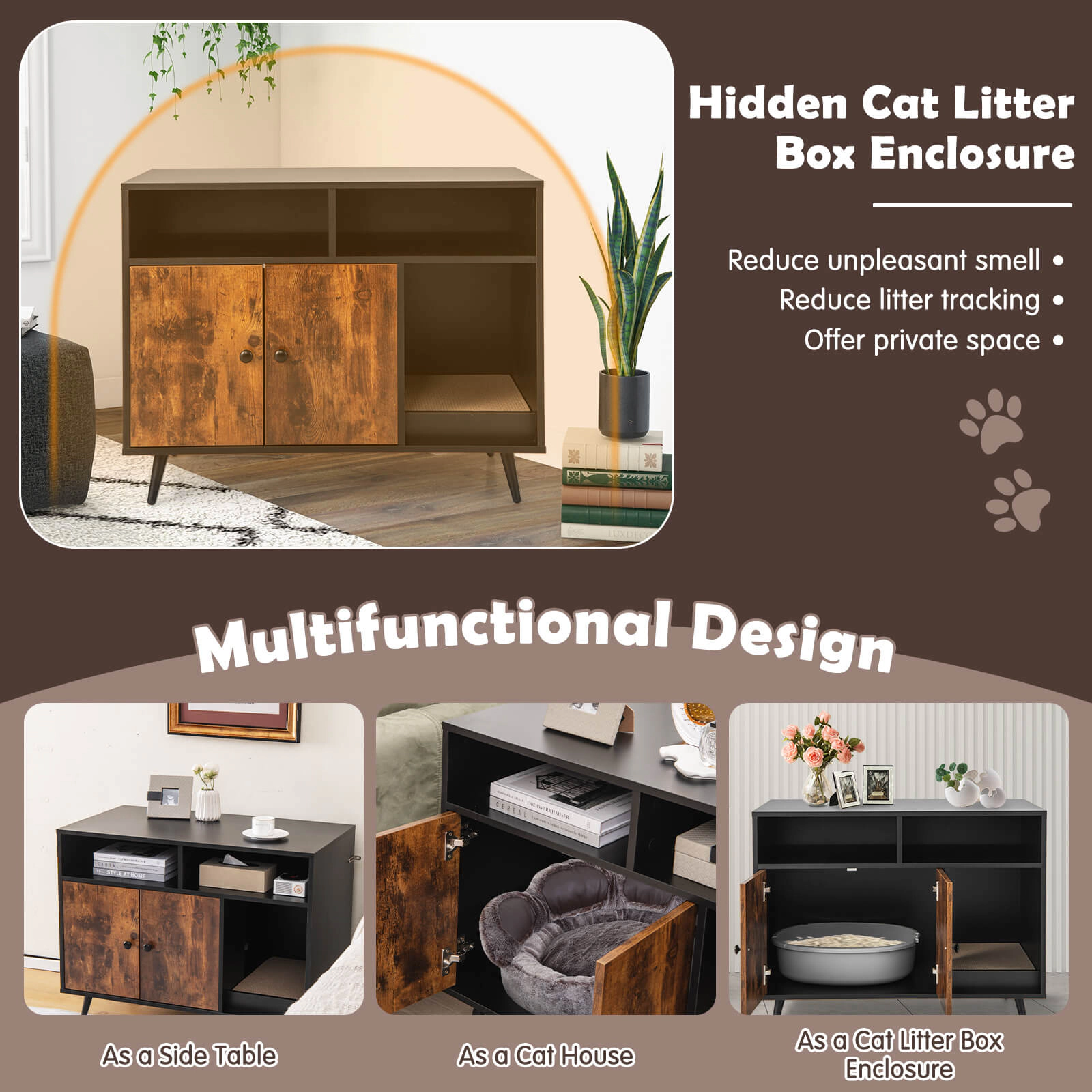 SUGIFT Black Cat Litter Box Enclosure with 2 Open Compartments 35-in W 19.5-in D 27.5-in H 66-lb Cabinet Capacity