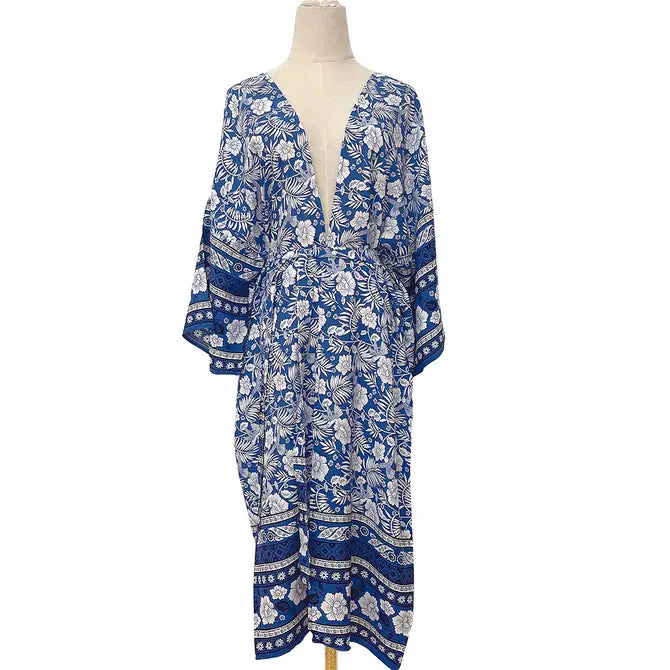 Youzey Italian Blue Floral Women's Swim Cover-Up Robe