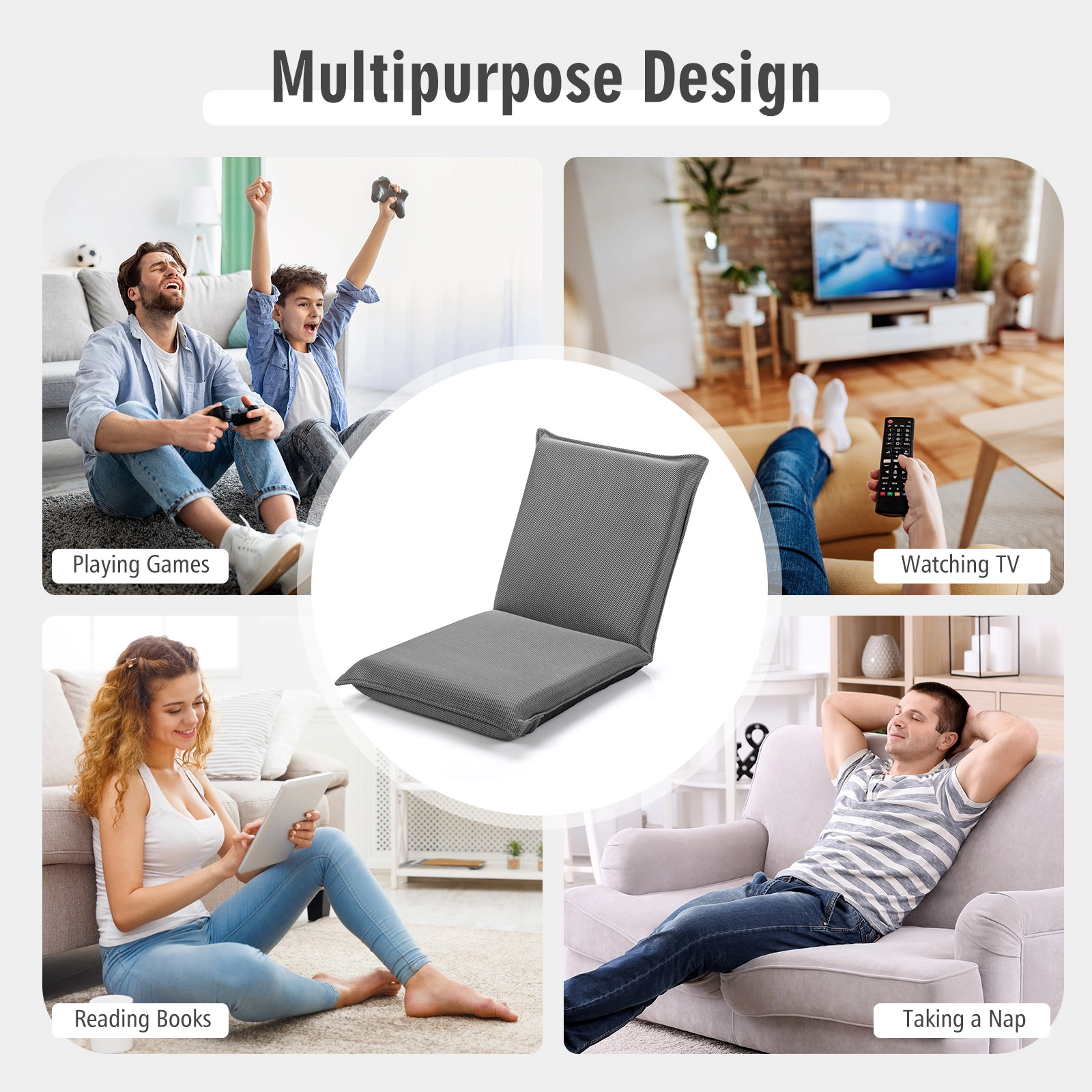 SUGIFT 6-Position Breathable Mesh Padded Folding Floor Sofa Chair 39.5-in x 18-in x 3-in 287-lb Capacity Gray