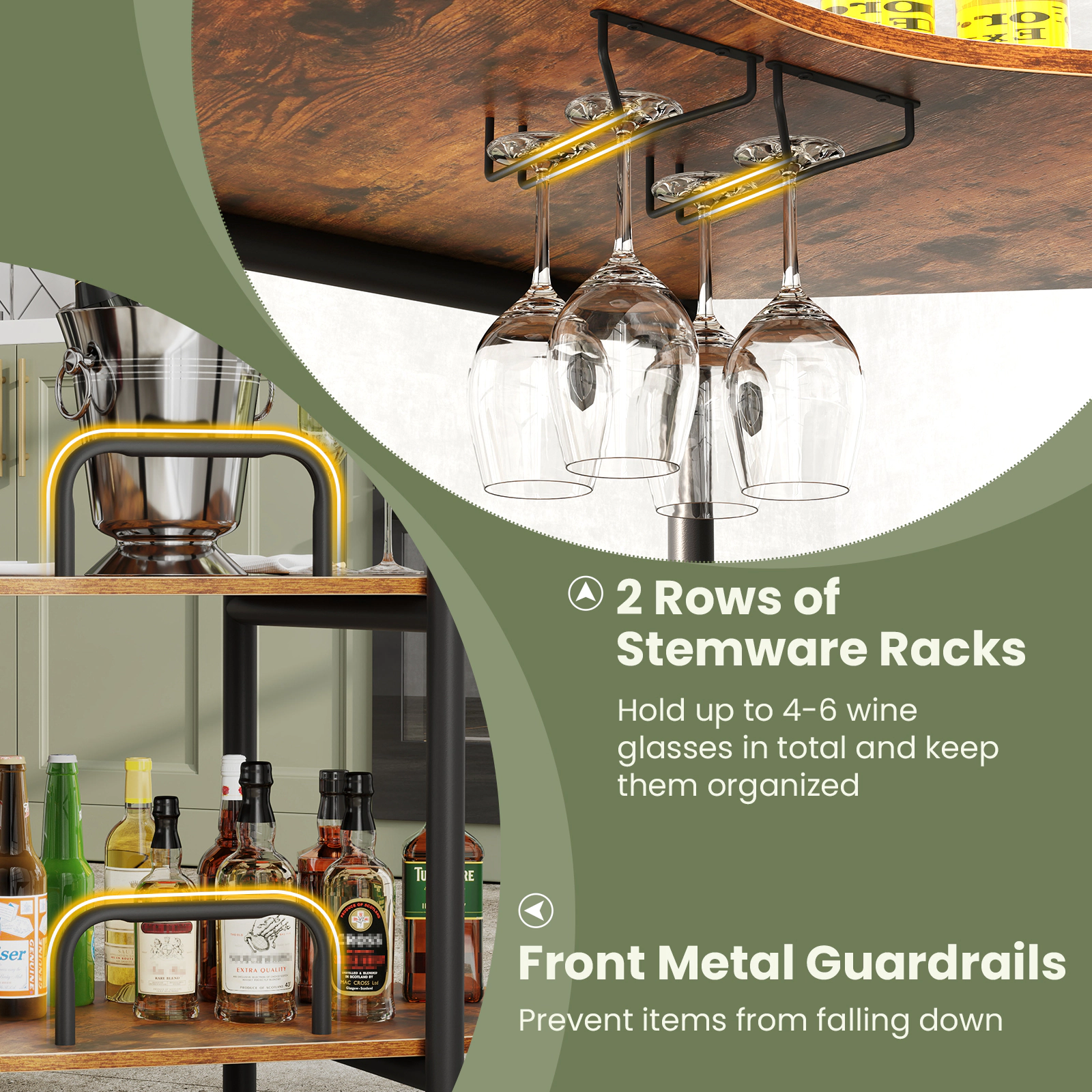SUGIFT 3-Tier Liquor Bar Table Rustic Brown with Stemware Racks and Storage Shelves