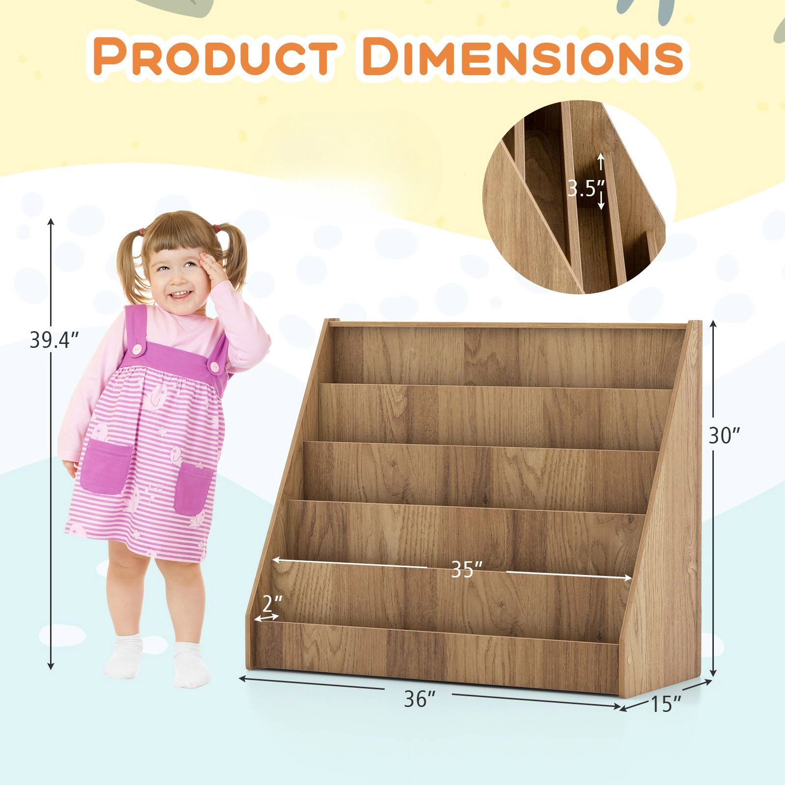 SlickBlue 5 Tier Kids Book Display Rack for Bedroom Playroom