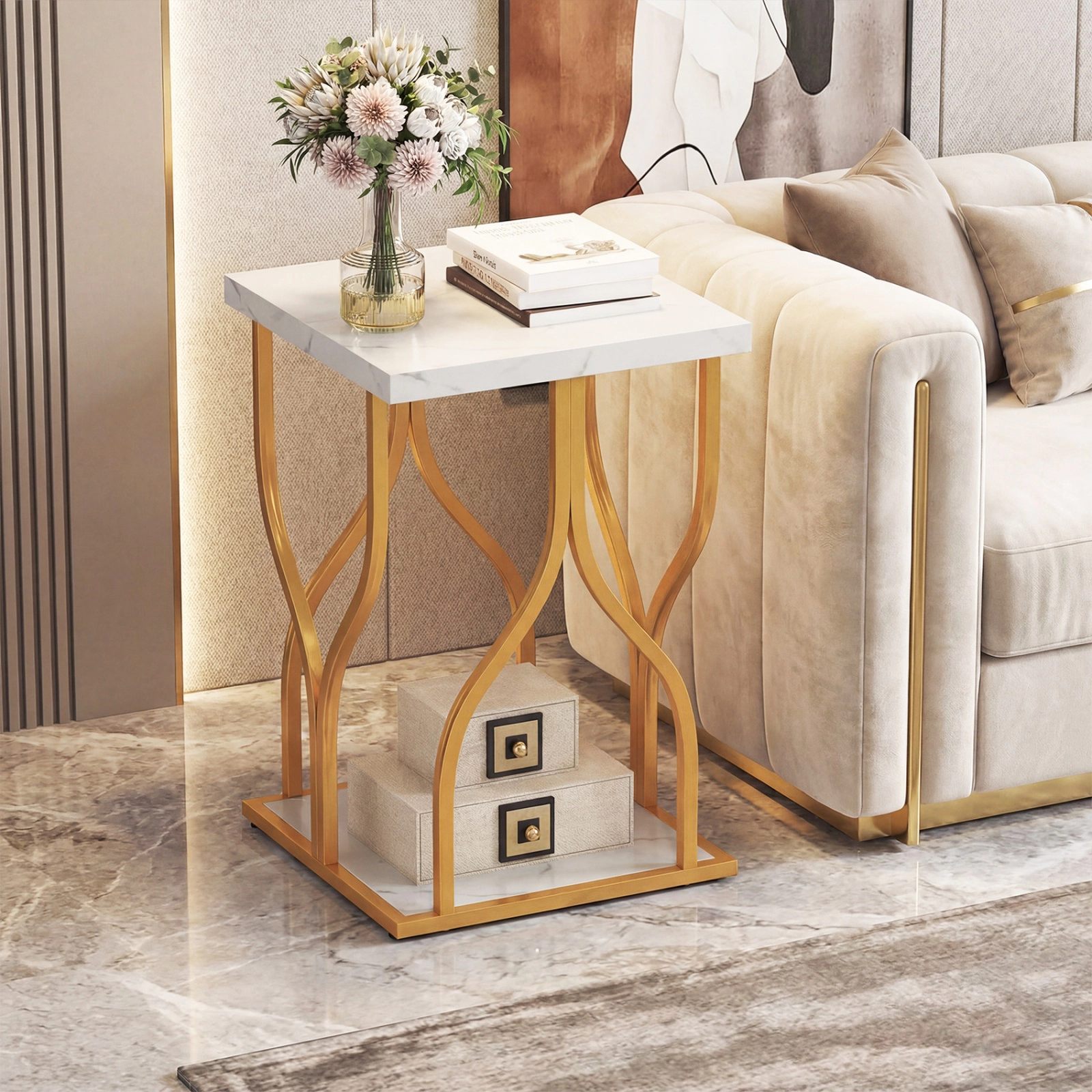 SUGIFT Faux Marble Bedside Night Stand with Petal-Inspired Metal Frame 100-lb Top Capacity White & Gold