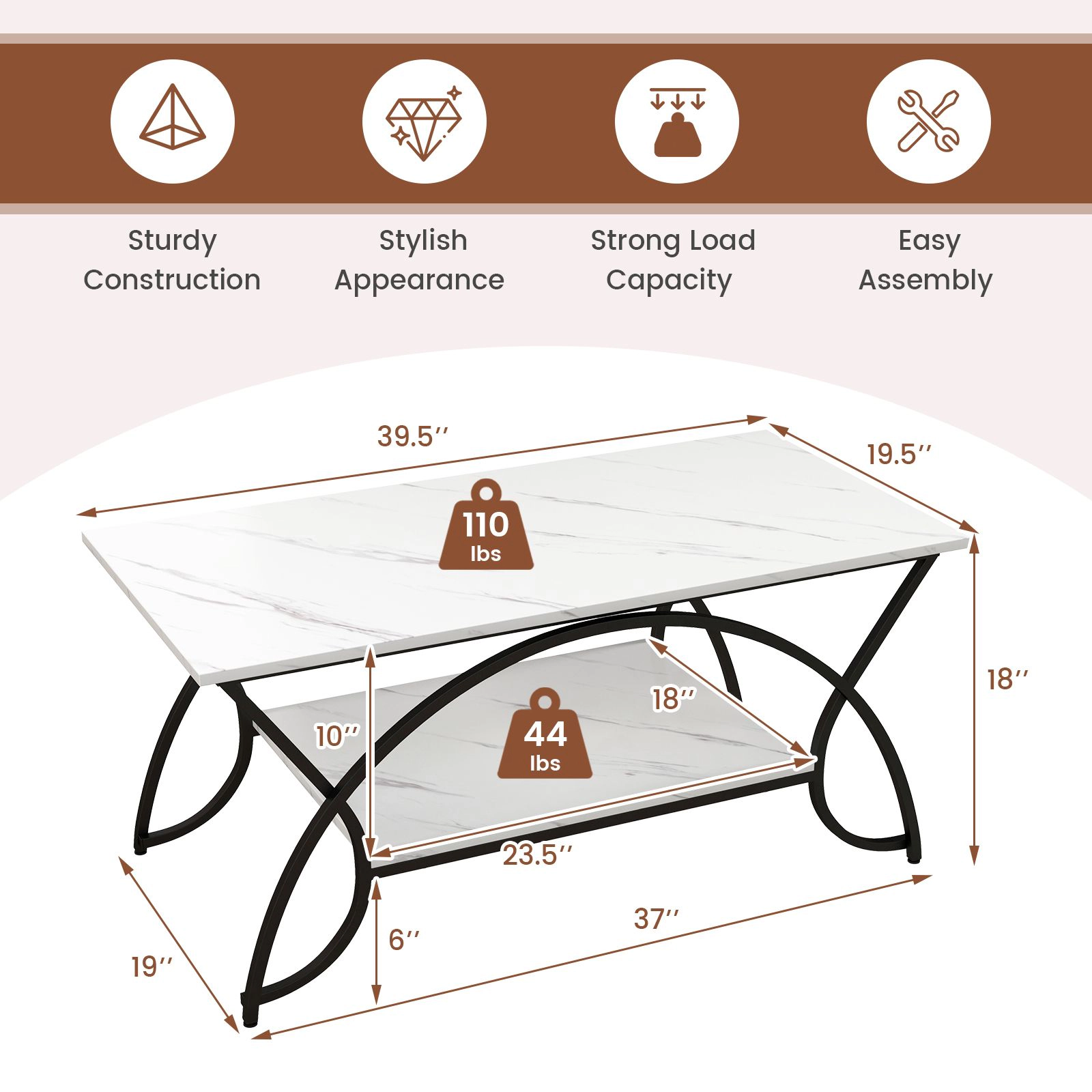 SlickBlue 2 Tier Coffee Table with Faux Marble Top and Metal Frame