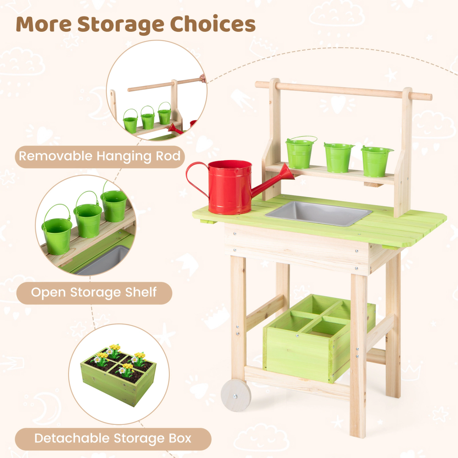Hivvago Kids Mud Kitchen with Removable Pots  Watering Can Planting Trough and Storage Box