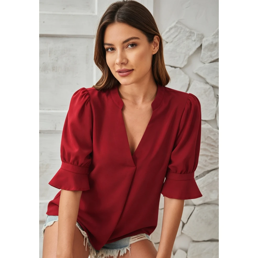 Coolmee Women's 3/4 Sleeve Tops Dressy Casual Pleated V Neck Business Work Blouses Office Shirts