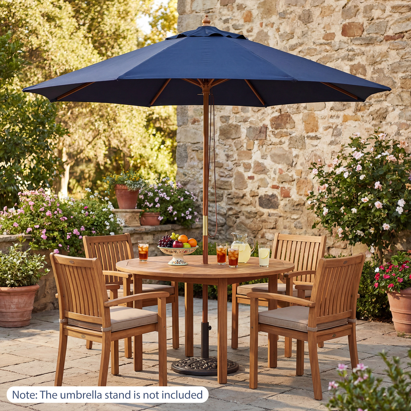 SUGIFT 9-ft Patio Market Umbrella 8 Bamboo Ribs 9-ft Canopy 1.5-in Pole Outdoor Table Umbrella Navy Natural 2-Piece Set