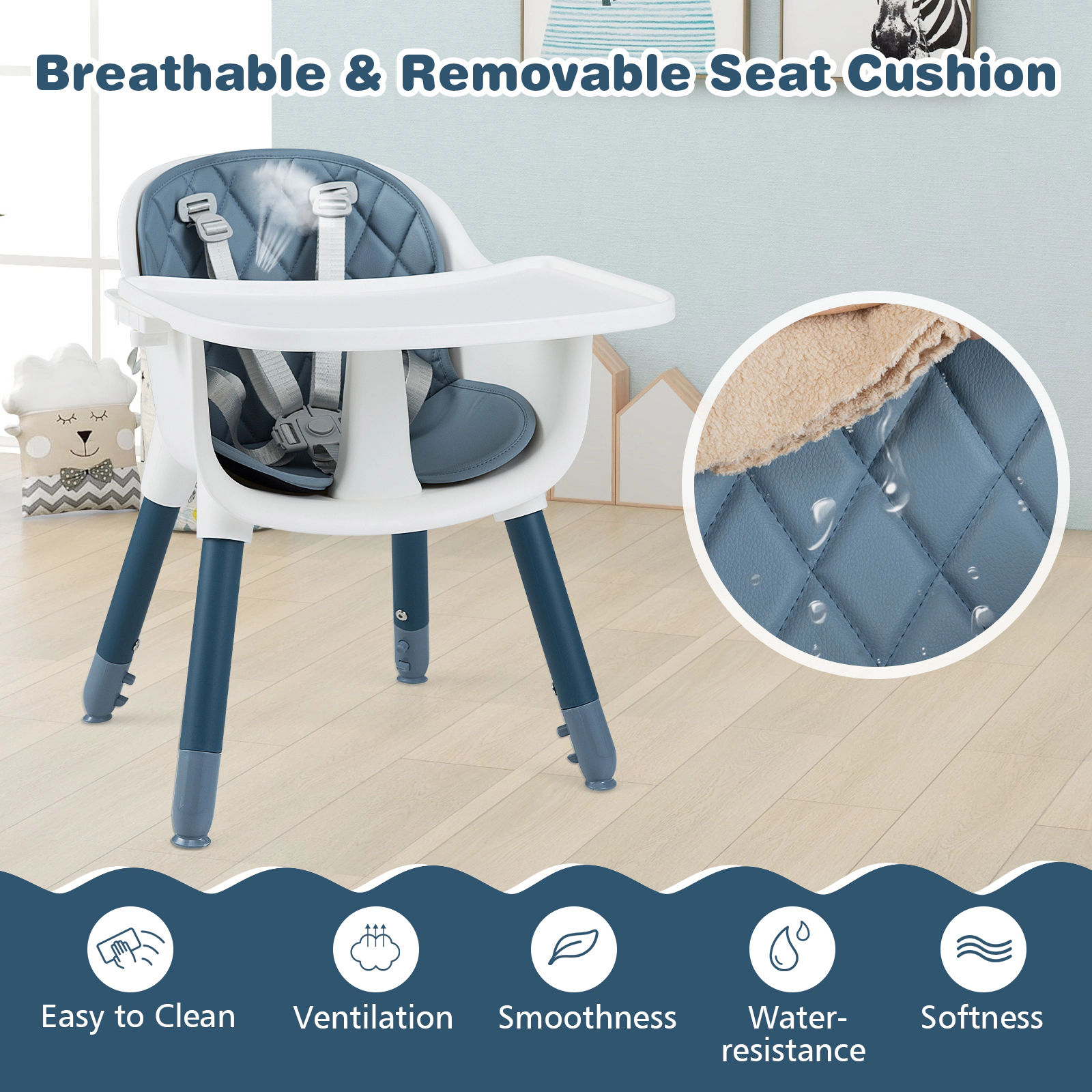 SUGIFT 4-in-1 Convertible Baby High Chair & Toddler Table Chair Set with PU Cushion 33-lb Capacity Ages 6-36 Months Blue
