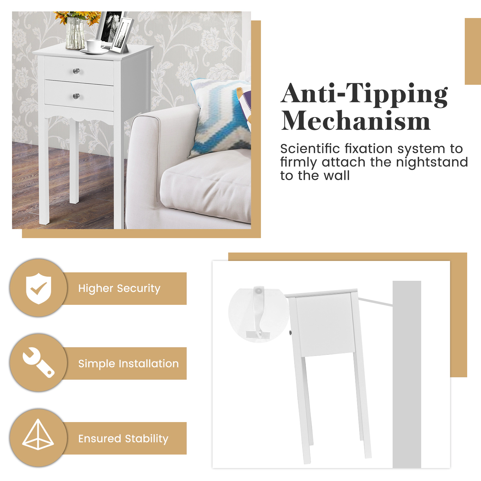 SUGIFT MDF Side Table End Accent Table with 2 Drawers 30-in Tall Black/White