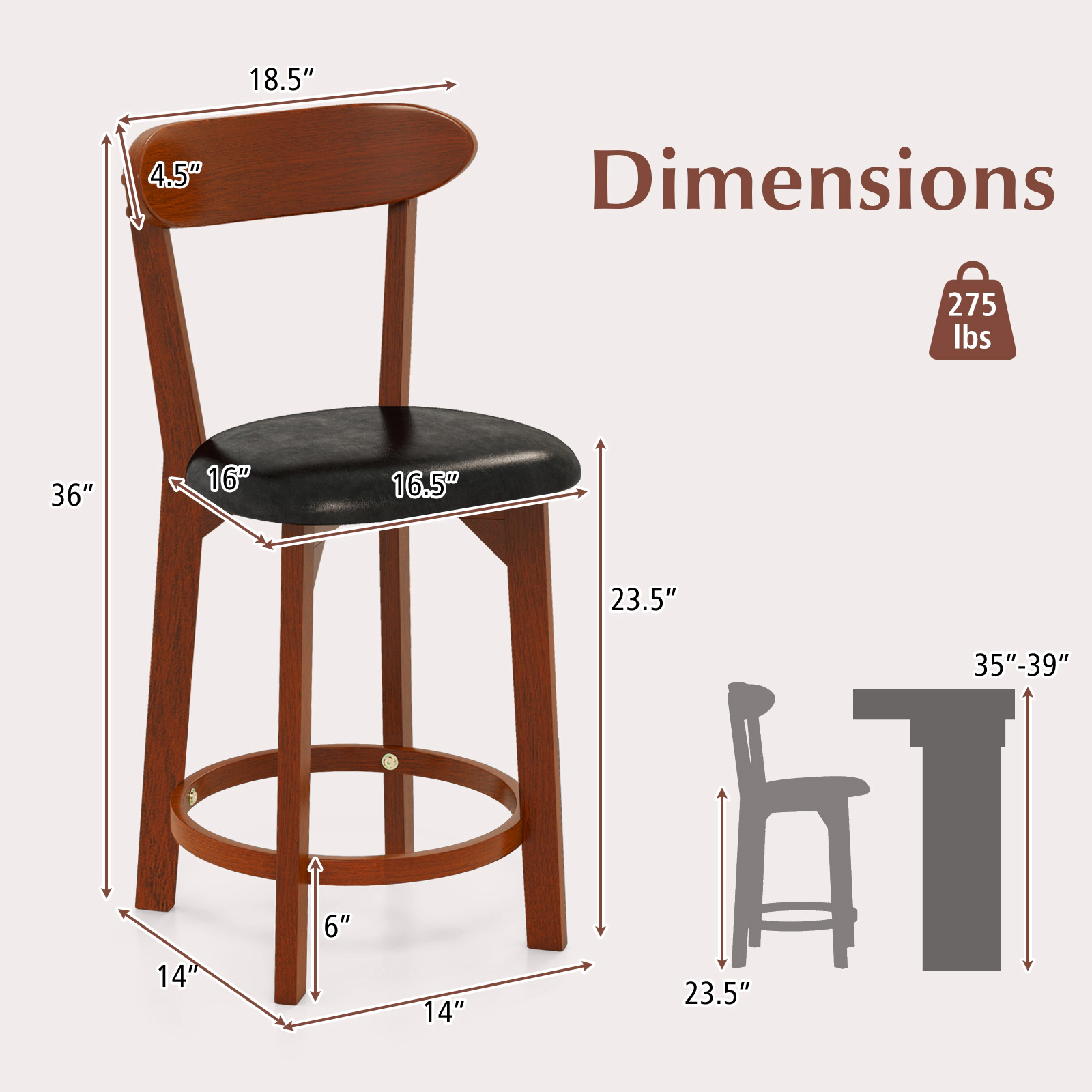 SUGIFT Set of 2 Walnut Faux Leather Armless Counter Height Bar Stools with Footrests