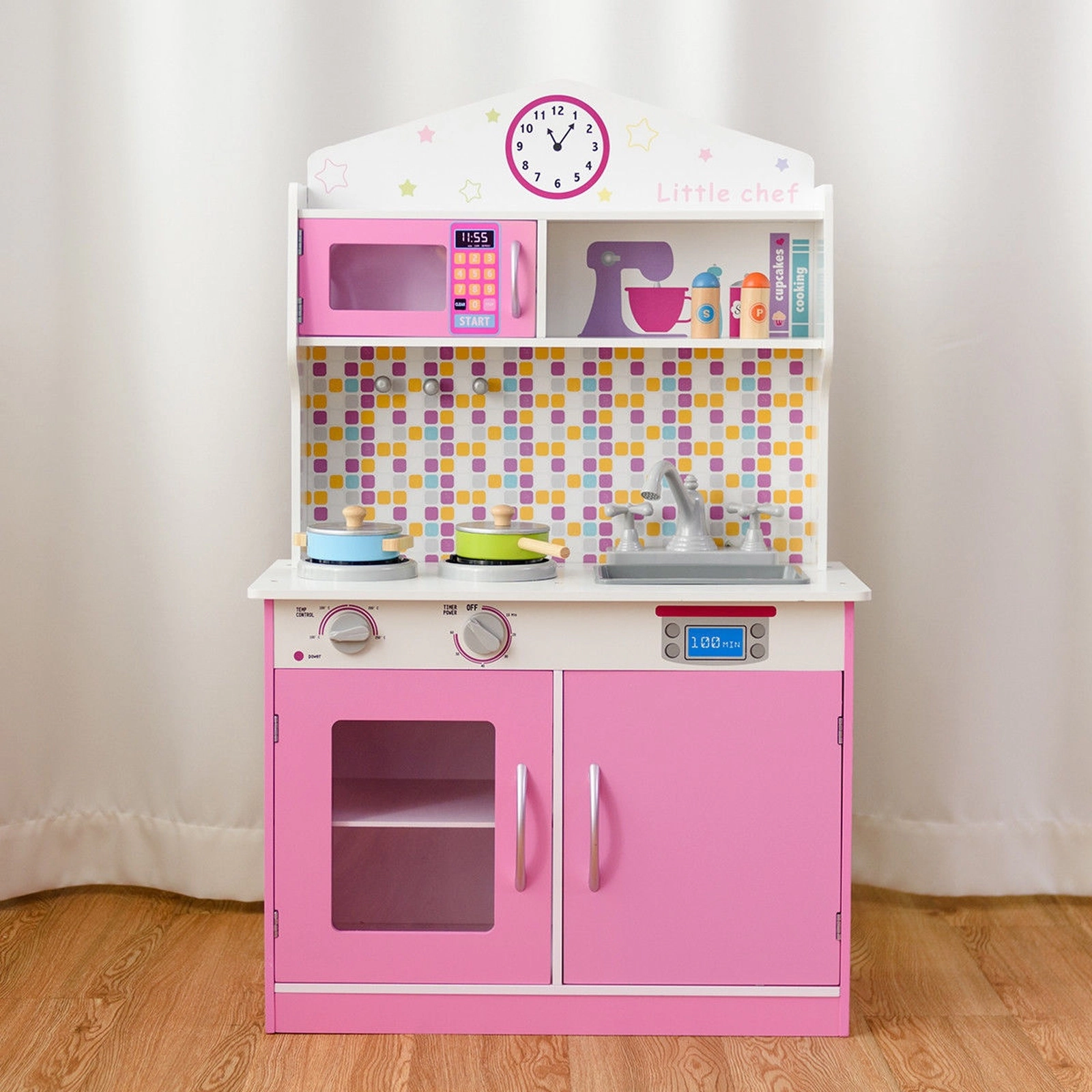 Kids Play Kitchen Playset Opening Cabinet Doors Working Knobs Cookware 23.6-in Compact Wooden Kitchen Set Ages 3-8 Pink