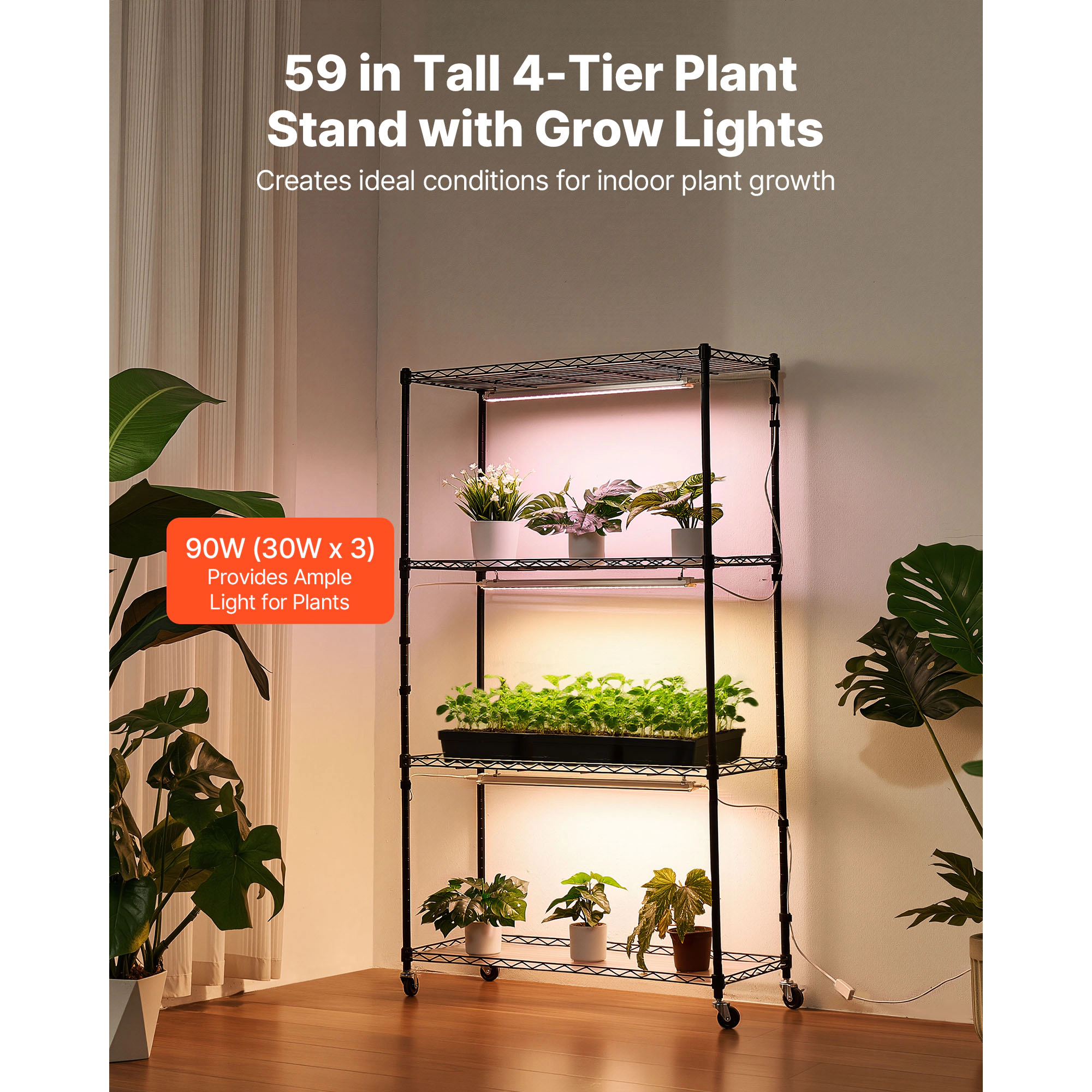 HONGGE Plant Shelf with Grow Light, Indoor Plant Stand, Tall Plants Display Rack with Wheels, Full Spectrum Grow Lights