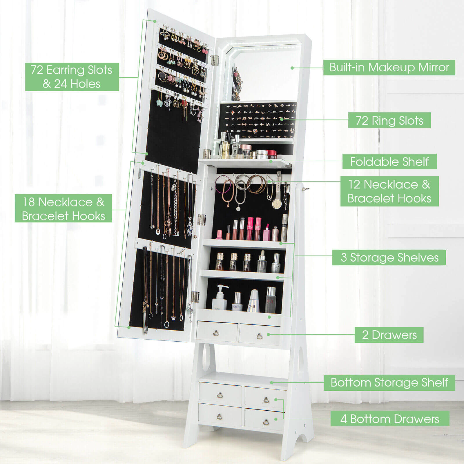 Glintex 6-Drawer LED Jewelry Armoire with Drop-Down Makeup Shelf and Triangular Feet, White
